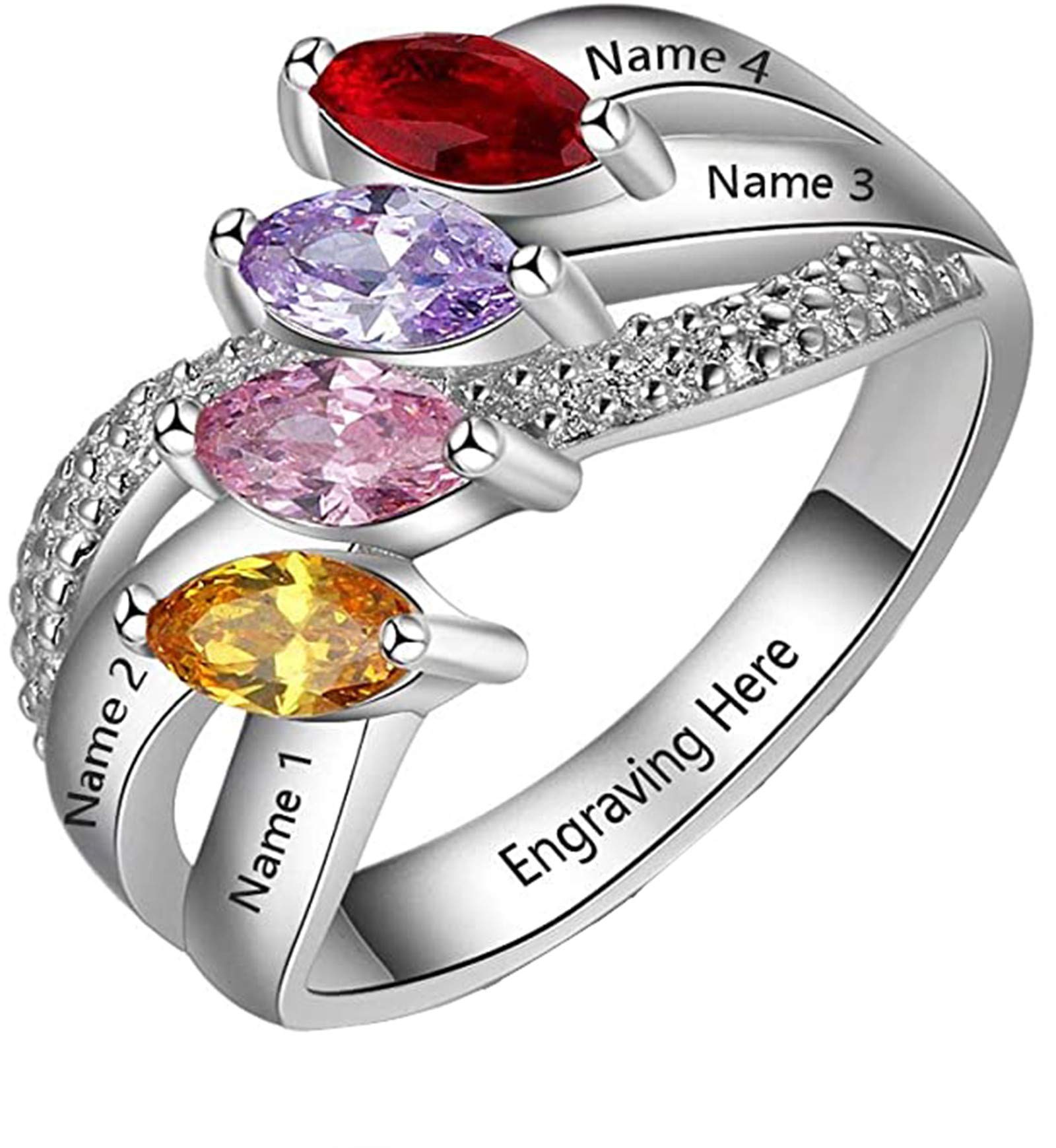 Personalized Mothers Rings with 4 Simulated Birthstones - Custom Name Engraved Grandmother & Promise Rings for Women - Perfect Gift for Mother's Day, Birthday & Anniversary