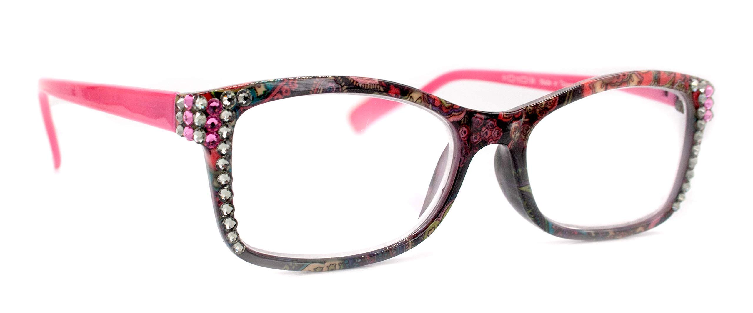 Fashion Women's Reading Glasses with Rose & Black Diamond Crystals - Stylish Rectangular Bling Eyewear for Women - Perfect for Reading, Office Work, and Fashion Accessories