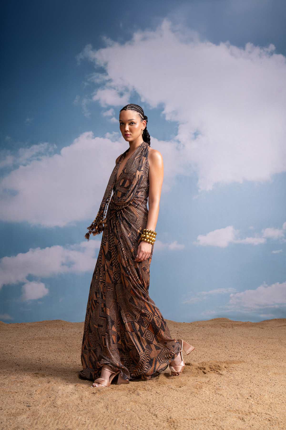 Elegant Brown Geometric Print Cowl Neck Dress with Detachable Tassel Scarf - Women's Boho Chic Maxi Dress for Party, Wedding & Special Occasions