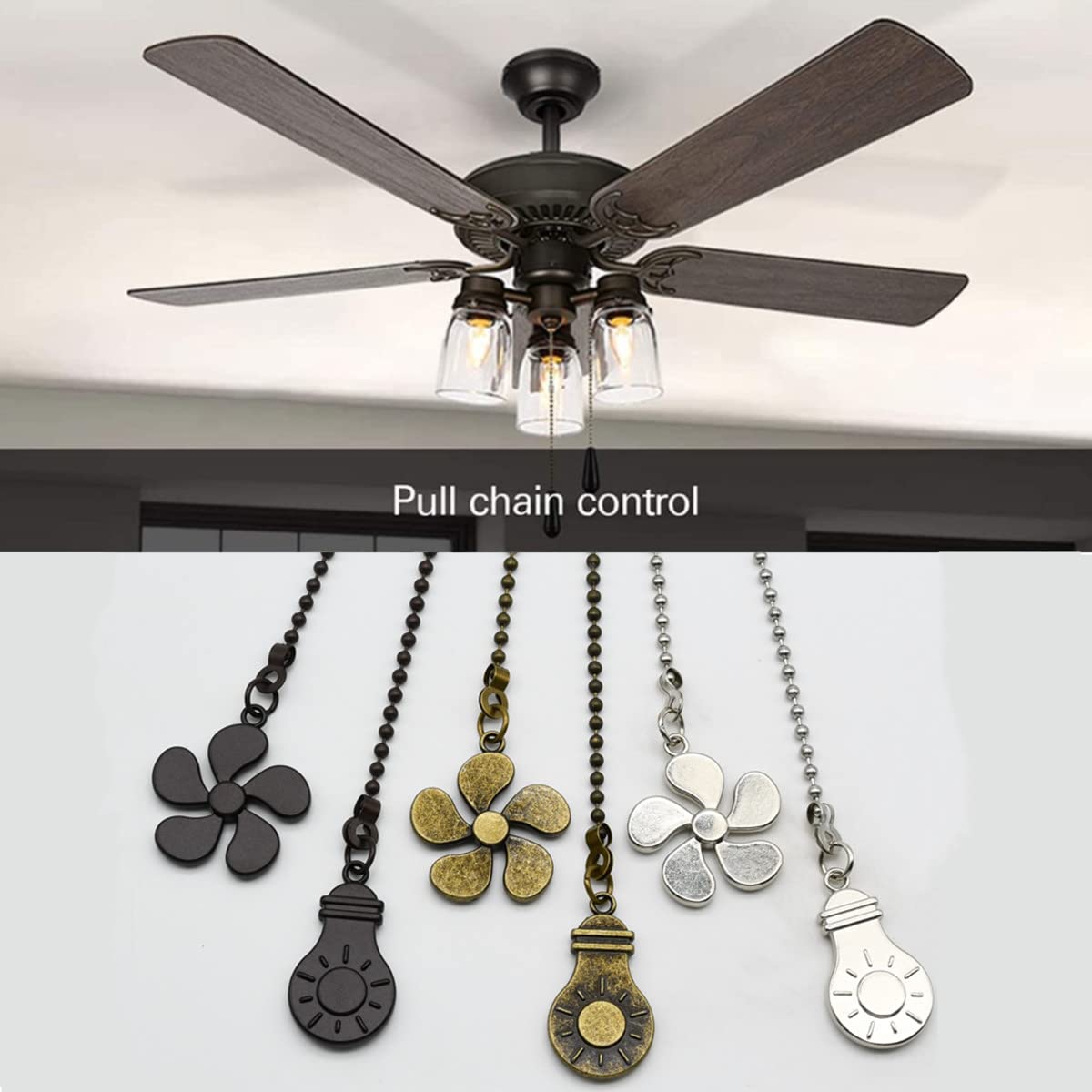 Antique Bronze Ceiling Fan Pull Chain Kit - 4PCS 12 Inch Extension with Bulb & Fan Pattern Pendant - Fan Chain Connector for Easy Light & Speed Control - Perfect for Bedroom, Living Room & Patio Ceiling Fans