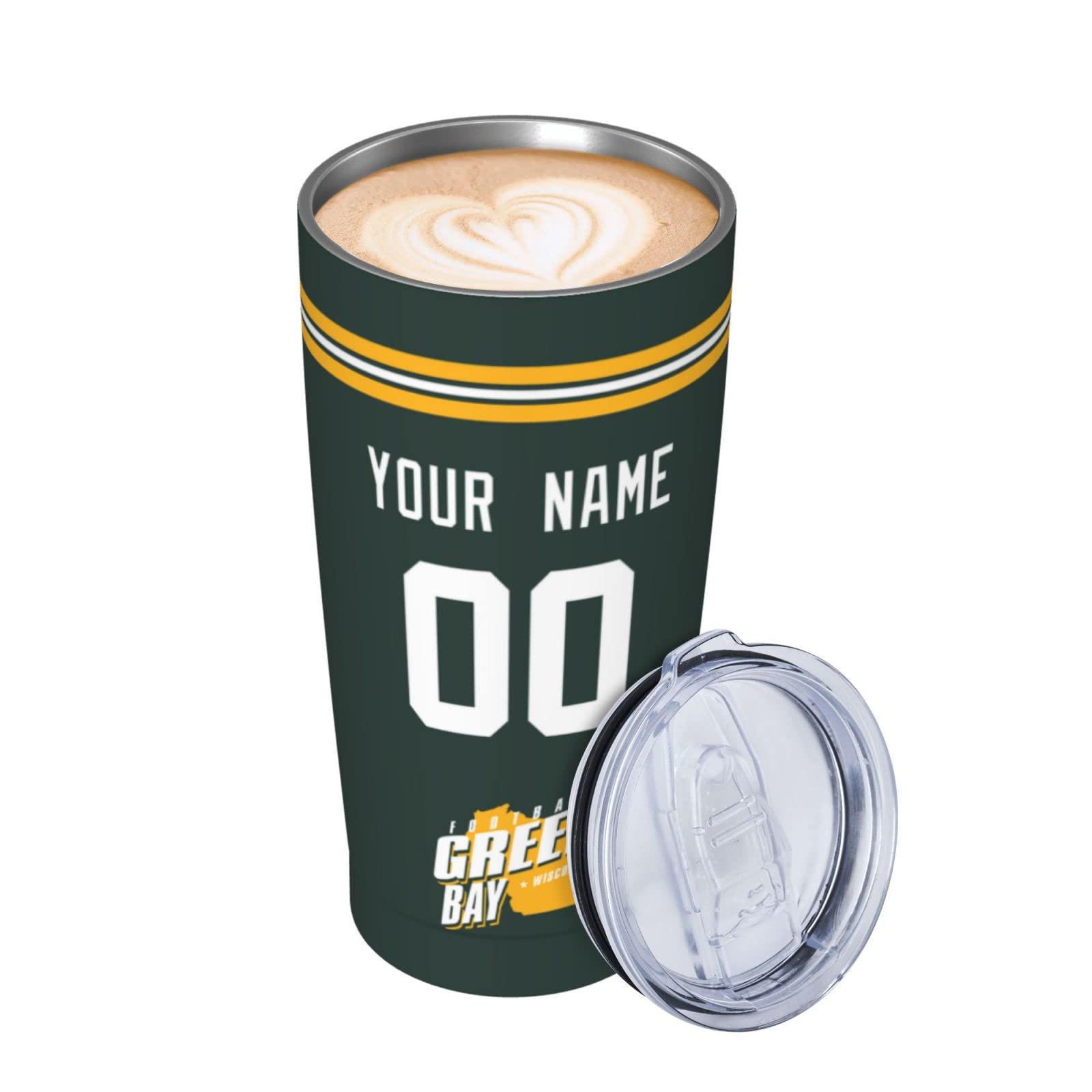 Customized 20 oz Green Bay Cup Insulated Tumbler with Straw - Personalized Name & Number - Leakproof Travel Mug for Coffee, Tea & Cold Drinks - Perfect Gift for Men, Dad, Husband - Great for Office, Gym, Camping & Outdoor Activities
