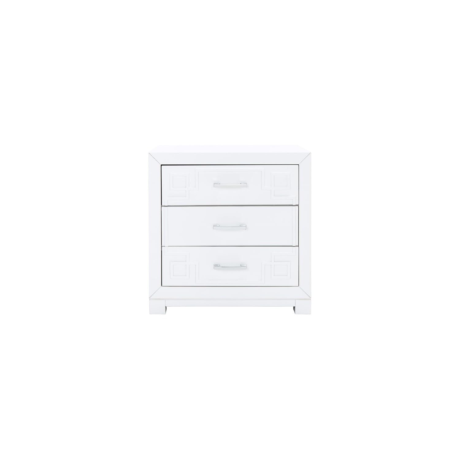 Safavieh Home Raina Greek Key White and Silver 3-Drawer Nightstand - Modern Bedside Table for Bedroom, Living Room & Guest Room Decor
