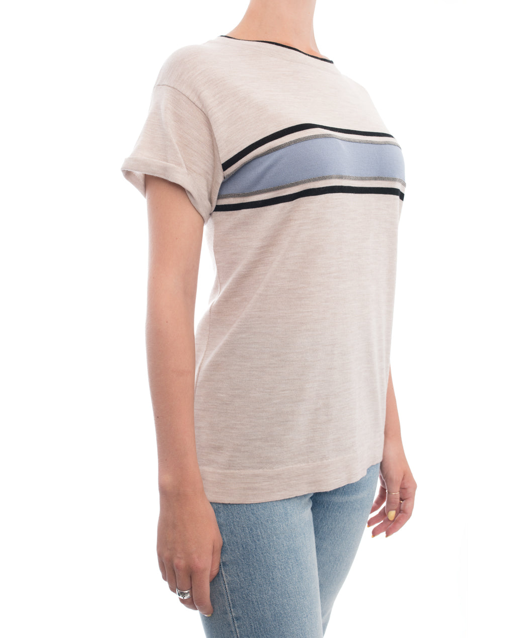 Brunello Cucinelli Oatmeal Blue Striped Short Sleeve Sweater for Men - Casual Summer Knitwear for Office & Weekend Outings