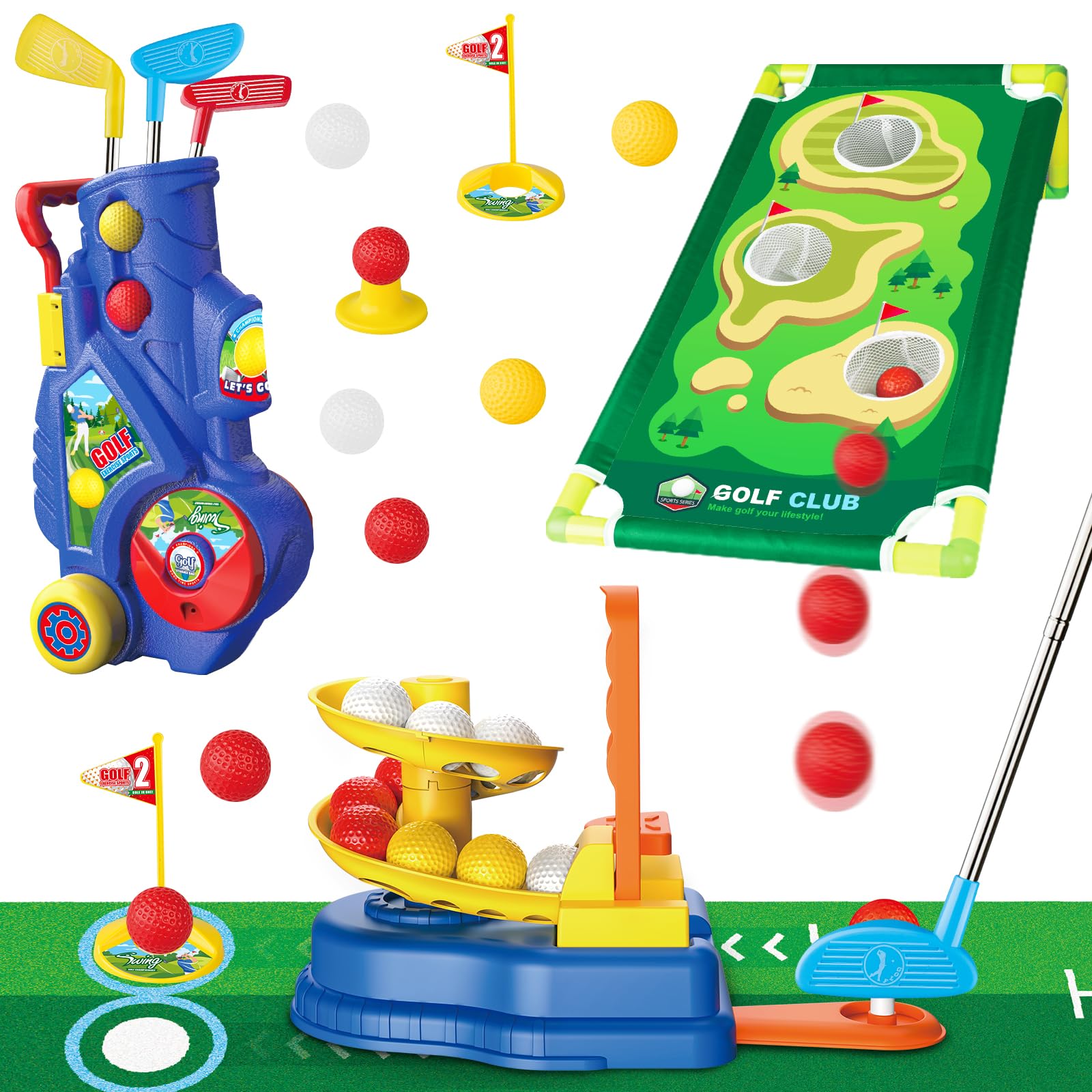 **Kids Golf Clubs Set for Toddlers Ages 3-7 - 2-in-1 Mini Golf Toy with Cart, Ball Launcher, 20 Balls, Putting Mat & Board - Indoor & Outdoor Sports Toys for Backyard, Playroom & Birthday Gifts**