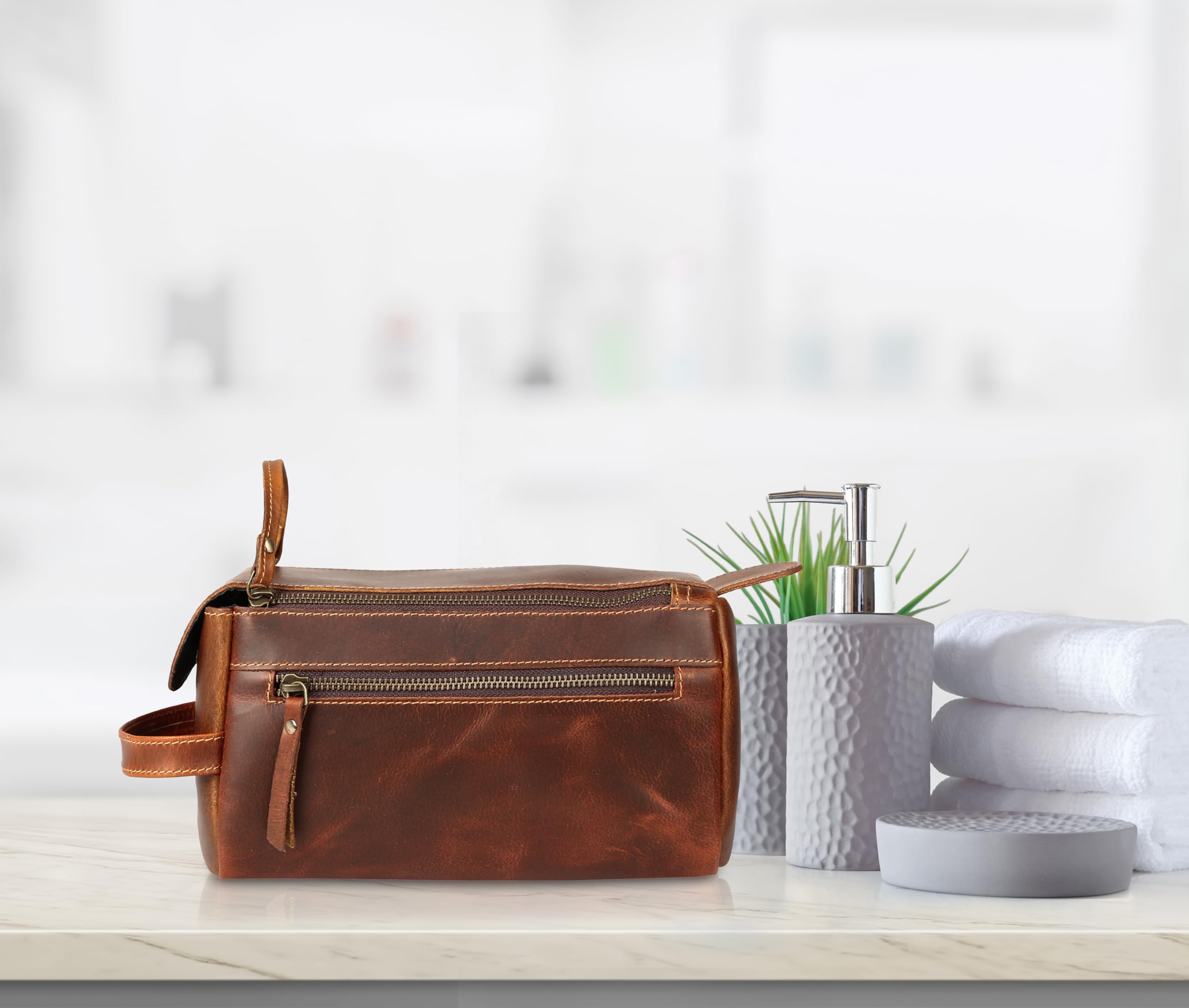 Premium Buffalo Leather Unisex Toiletry Bag - Travel Dopp Kit for Men & Women (Distressed Orange Tan) - Perfect for Camping, Gym & Business Trips