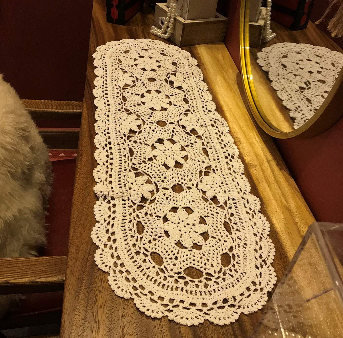 Handmade Beige Crochet Cotton Table Runner - 12 x 35 Inch Lace Doily for Dining Table, Dresser, or Wedding Decor - Elegant Oval Linen Scarf for Home Decor and Special Occasions