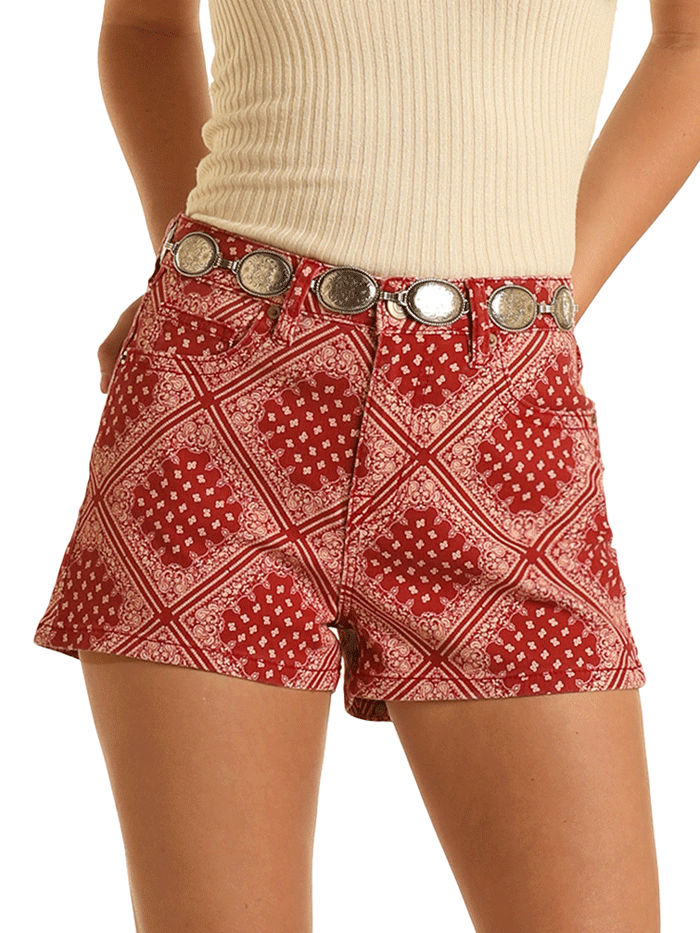 Rock & Roll Denim BW68D03530 Women's Bandana Print High Waist Shorts - Scarlet Red | Vintage Style Denim Shorts for Music Festivals & Summer Outfits