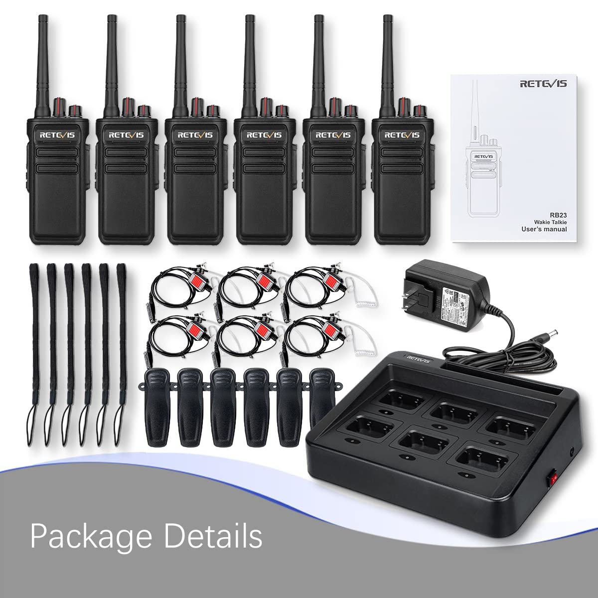 Retevis RB23 5W Long Range Waterproof Walkie Talkies (6 Pack) - IP66 Rated, 1800mAh Battery, High Power Two Way Radios with Earpiece & Mic Set - Ideal for Outdoor Adventures, Construction Sites, and Emergency Communication