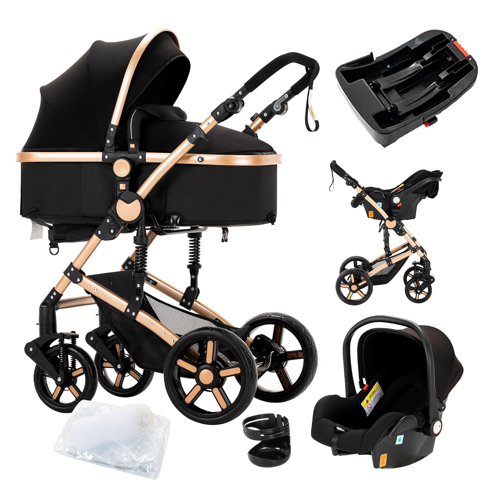 3 in 1 Baby Travel System - Reversible Stroller with Car Seat Base | Foldable Luxury Pram for Newborn & Toddler | Portable Pushchair for Shopping, Park & Travel (UD588-BLACKGOLD)
