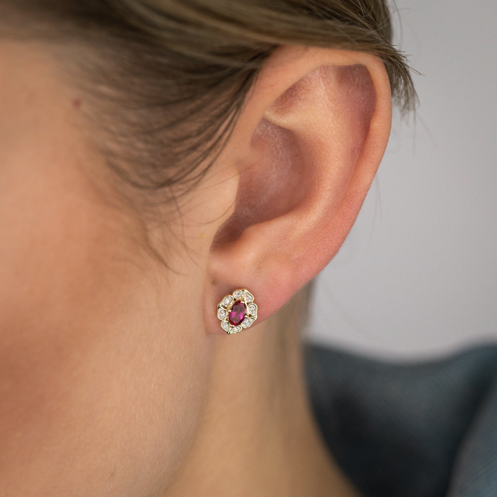 0.60 Carat Lab-Created Ruby and Diamond Oval Stud Earrings in 9K Yellow Gold - Elegant Gift for Women, Perfect for Weddings, Anniversaries & Special Occasions