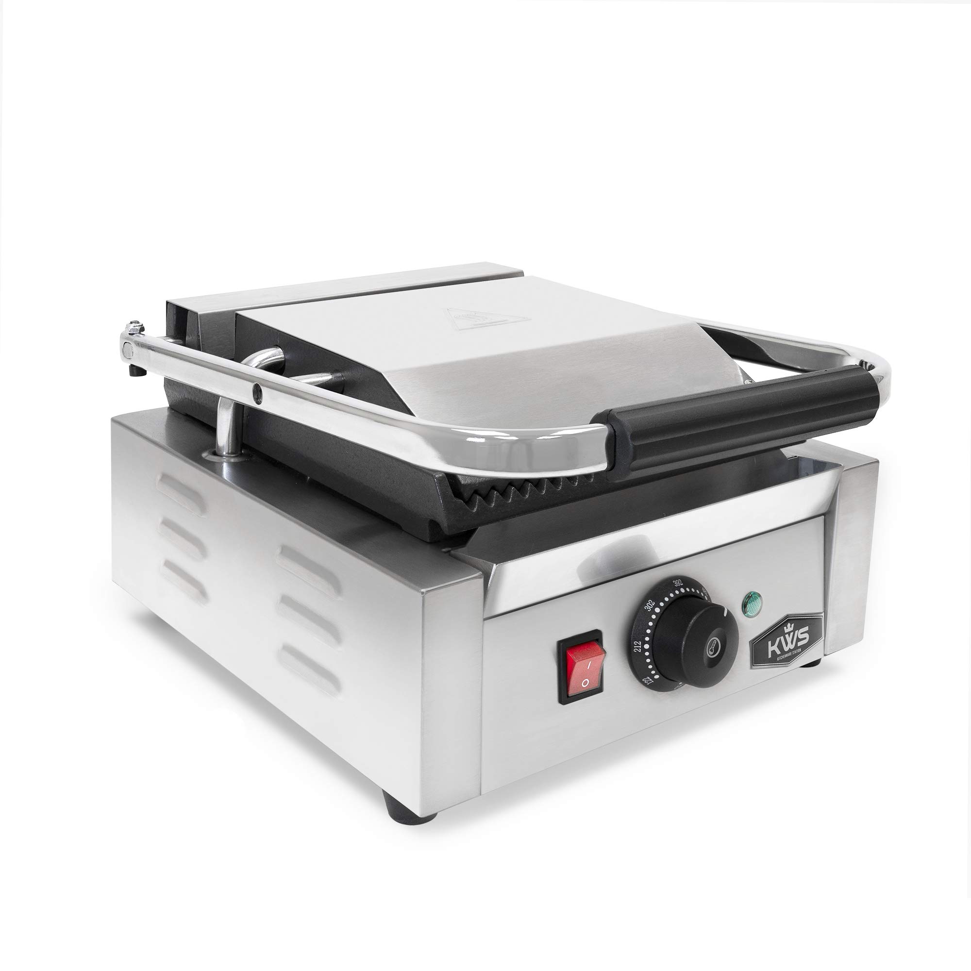 KWS PM-16 Premium 110V Commercial 1600W Electric Panini Press Grill with Non-Stick Grooved Plates - 9.25