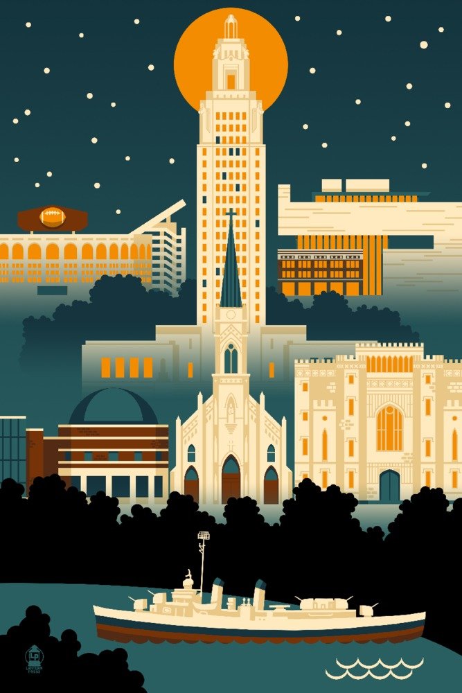 Baton Rouge Louisiana Retro Skyline Art Print - Signed 24x36 Wall Decor Poster for Home & Office - Vintage Cityscape Wall Art for Living Room, Bedroom & Office Decor