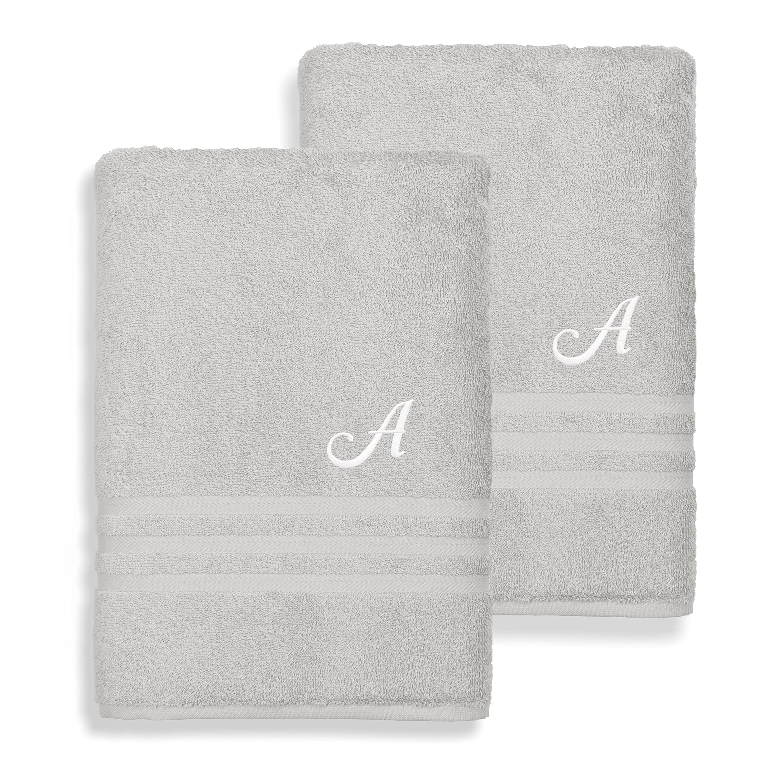 Premium Turkish Cotton Bath Towels Set of 2 - Ultra Soft & Absorbent Grey Towels with White Monogram Initials | Luxury Spa, Bathroom & Guest Towels for Home & Hotel Use