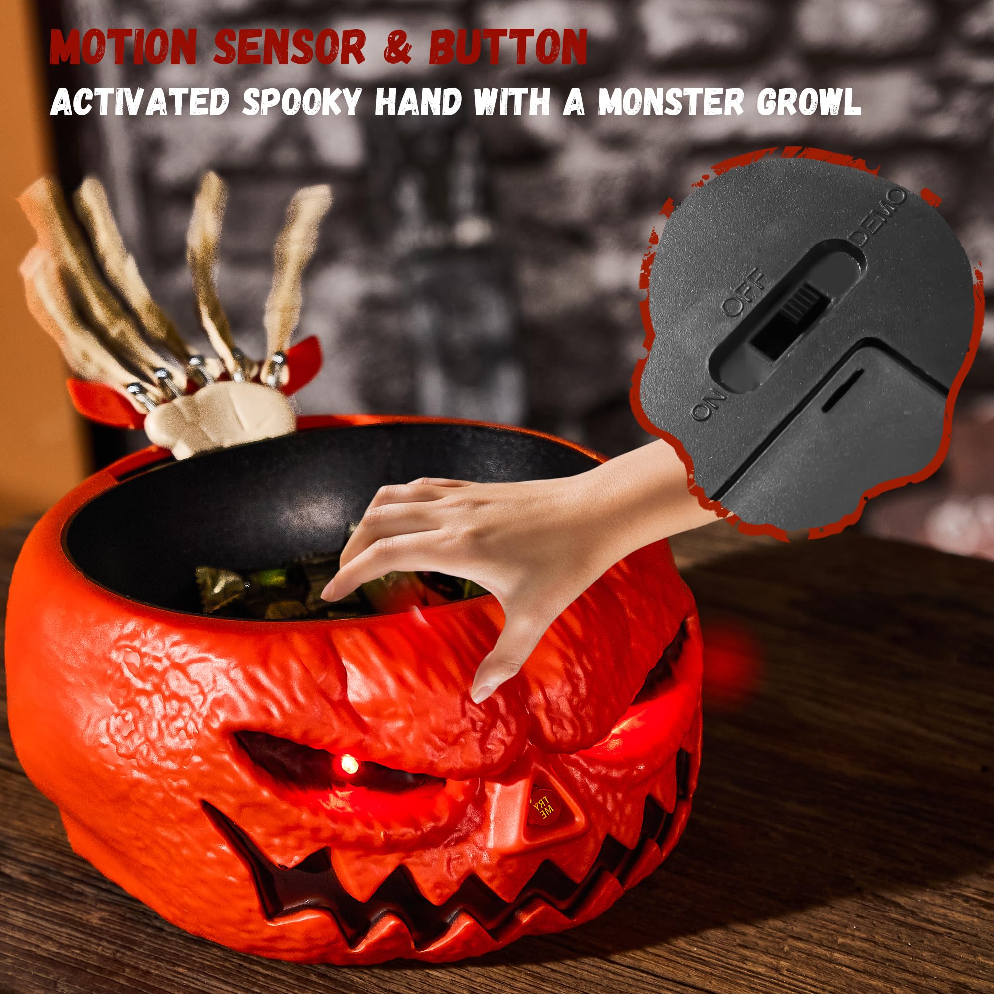 Animatronic Halloween Candy Bowl - Touch Activated Pumpkin Bowl with Creepy Sounds, Moving Skeleton Hand & Glowing Eyes | Scary Halloween Party Decor for Trick-or-Treat, Haunted House & Spooky Home Decoration