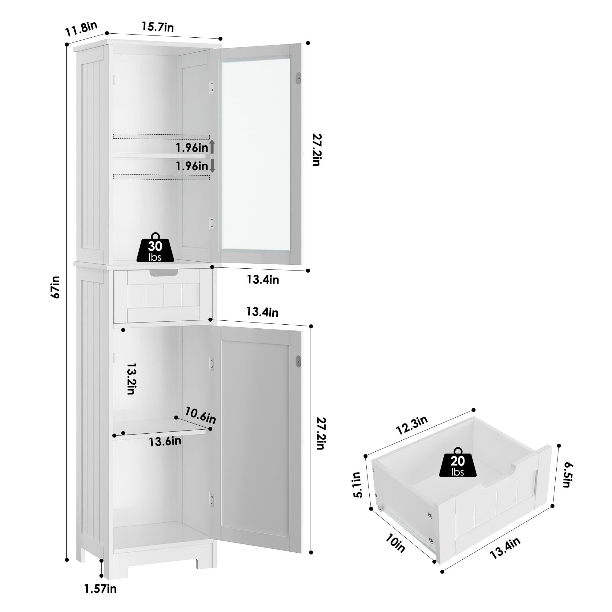 HORSTORS White Bathroom Storage Cabinet - 2 Door & 1 Drawer Freestanding Floor Cabinet with Adjustable Shelves - Tall Narrow Cabinet for Bathroom, Living Room, Home Office - Perfect for Organizing Towels, Toiletries & Office Supplies
