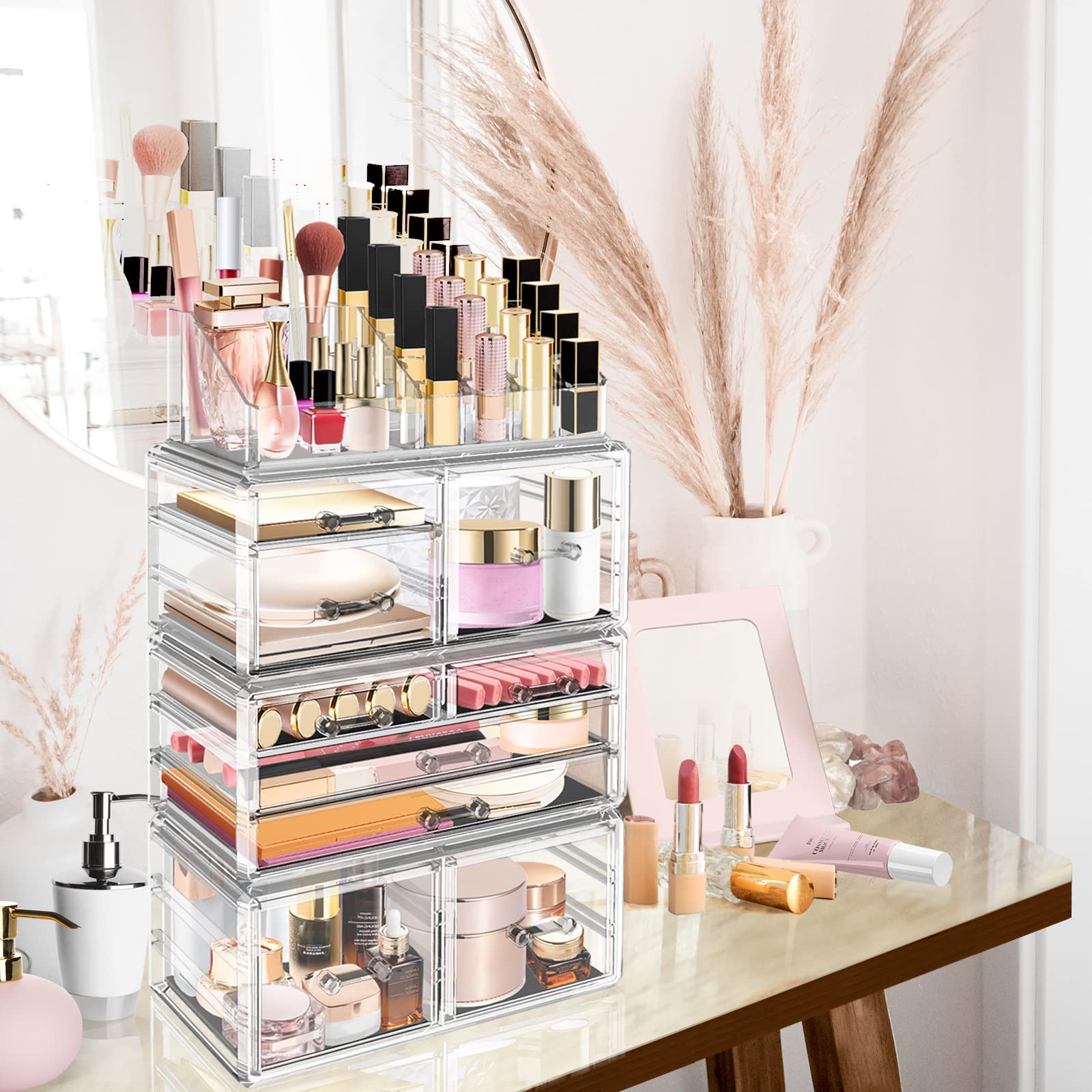 LINYAPRY Clear Acrylic Makeup Organizer - 9 Large Drawers Cosmetic & Jewelry Storage Box | Stackable Beauty Display Case for Skincare, Bathroom, Dresser & Vanity Countertop | Perfect for Makeup Artists & Home Organization