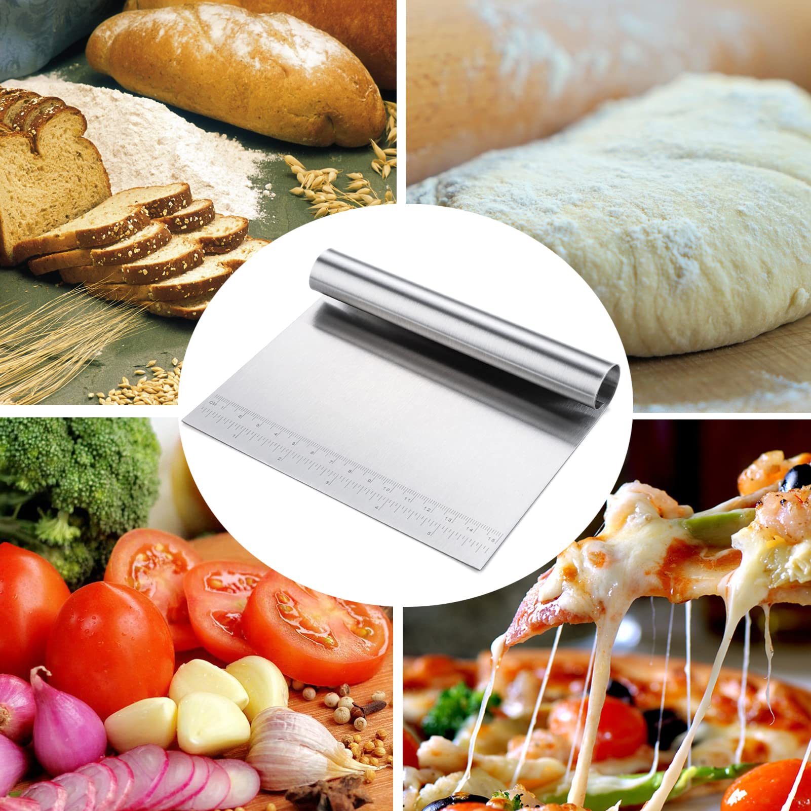 Premium Stainless Steel Dough Scraper - Multi-Purpose Kitchen Tool for Baking, Cake Decorating & Pizza Making - Includes Measuring Scale - Ideal for Pastry Chefs & Home Bakers (Perfect for Cutting Dough, Cleaning Work Surfaces & Portioning Ingredients)