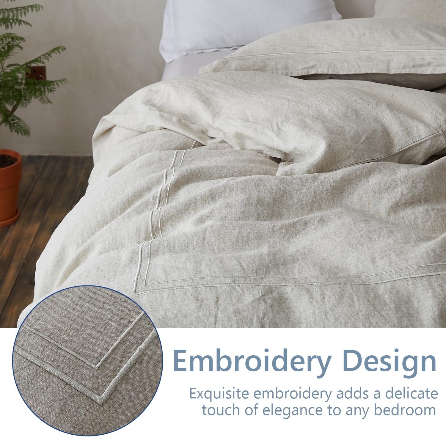 Simple & Opulence 100% Washed Linen Duvet Cover Set 68x86 Inches - 2 Piece Soft Farmhouse Comforter Set with Embroidered Design & Button Closure - Includes 1 Duvet Cover & 1 Pillow Sham (Twin Size, Natural Linen) - Perfect for Bedroom, Guest Room & Cozy Farmhouse Decor