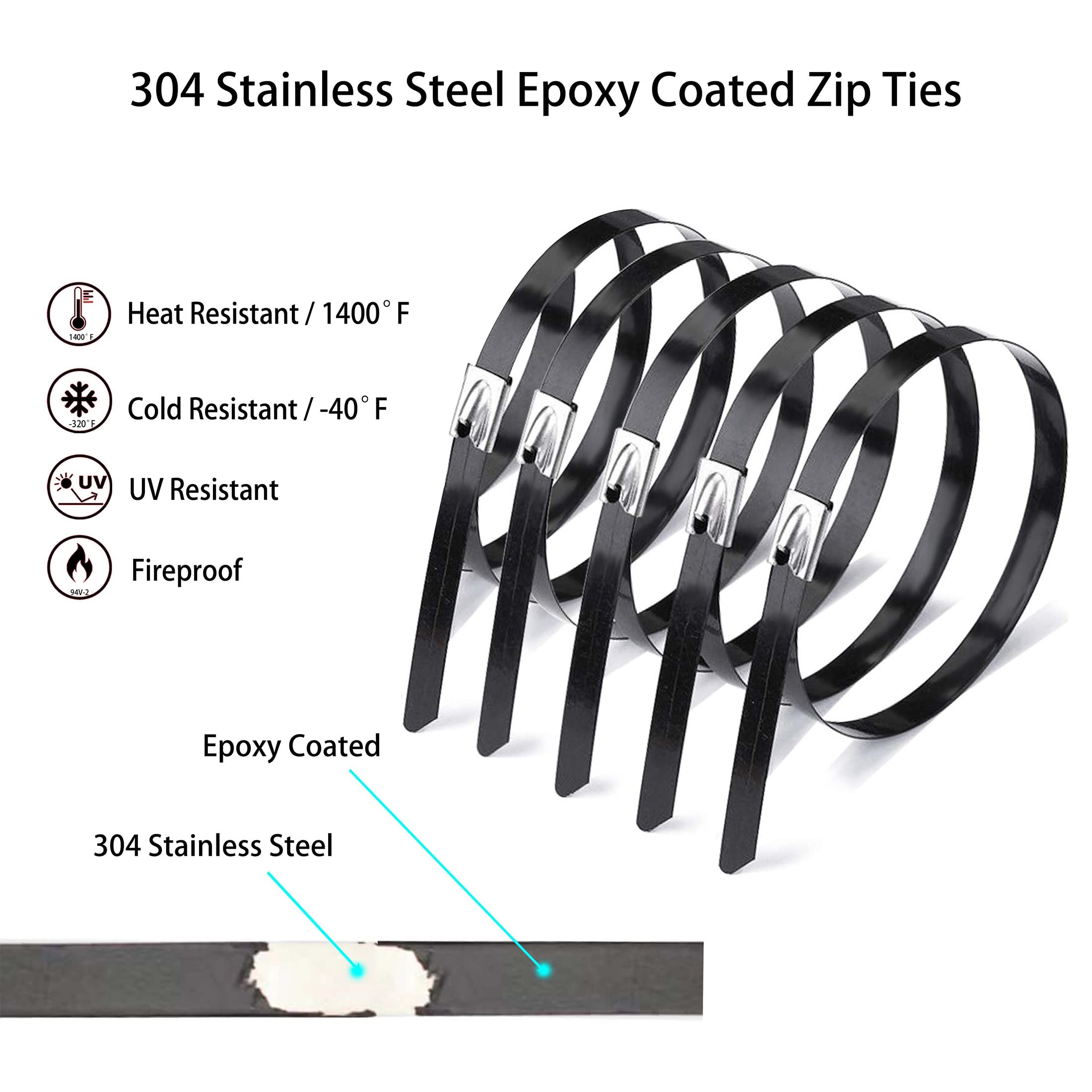 60 Inch Extra Long Heavy Duty Black Metal Zip Ties (20 Pack) - Premium Stainless Steel Epoxy Coated Self-Locking Cable Ties for Vehicles, Machinery, Outdoor Use - Secure Wiring, Bundling Cables & DIY Projects