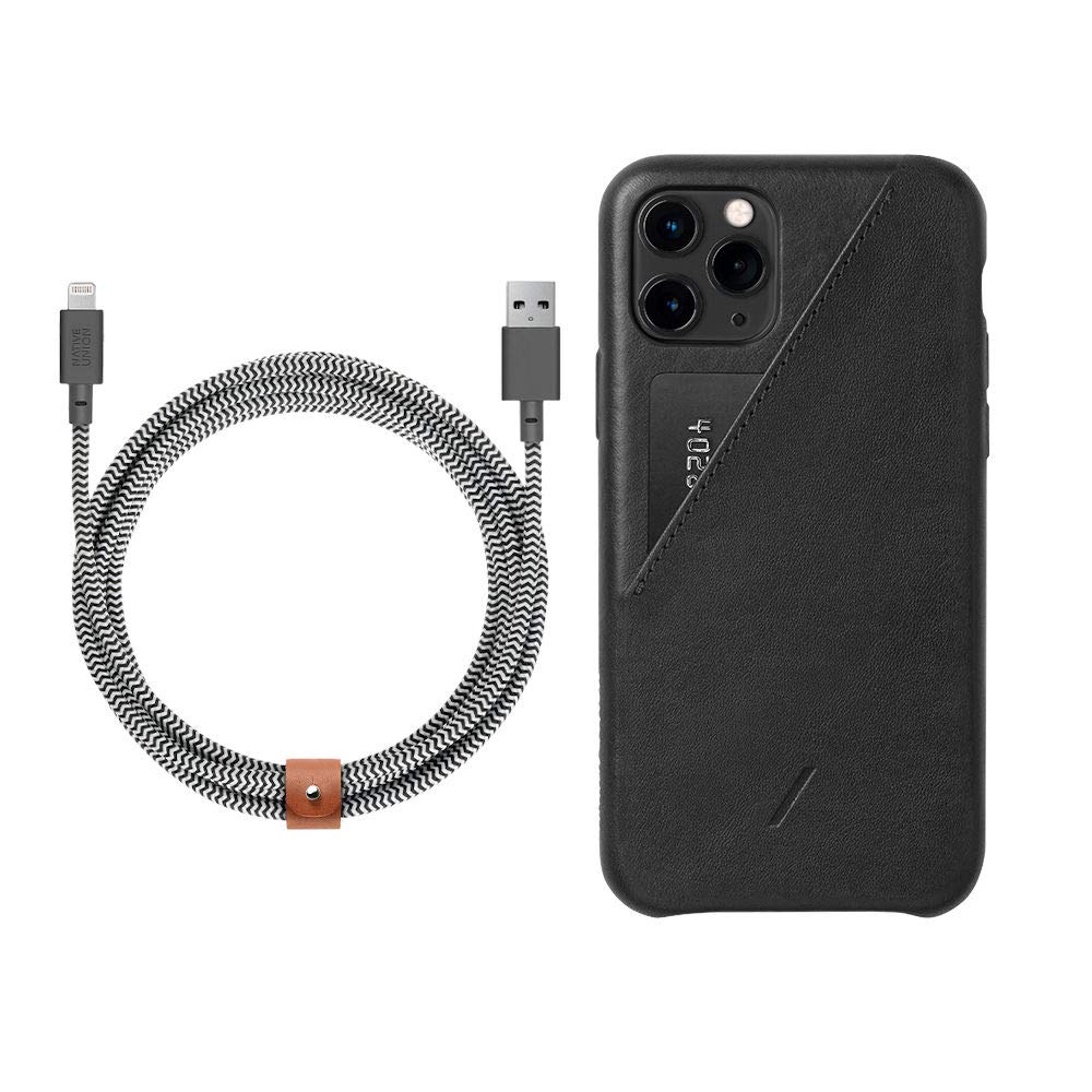 Native Union Clic Card Case & 10ft Ultra-Strong Belt Cable Bundle for iPhone 11 Pro - Black & Zebra | Wallet Case with Reinforced Lightning Charger for Everyday Carry & Travel Accessories