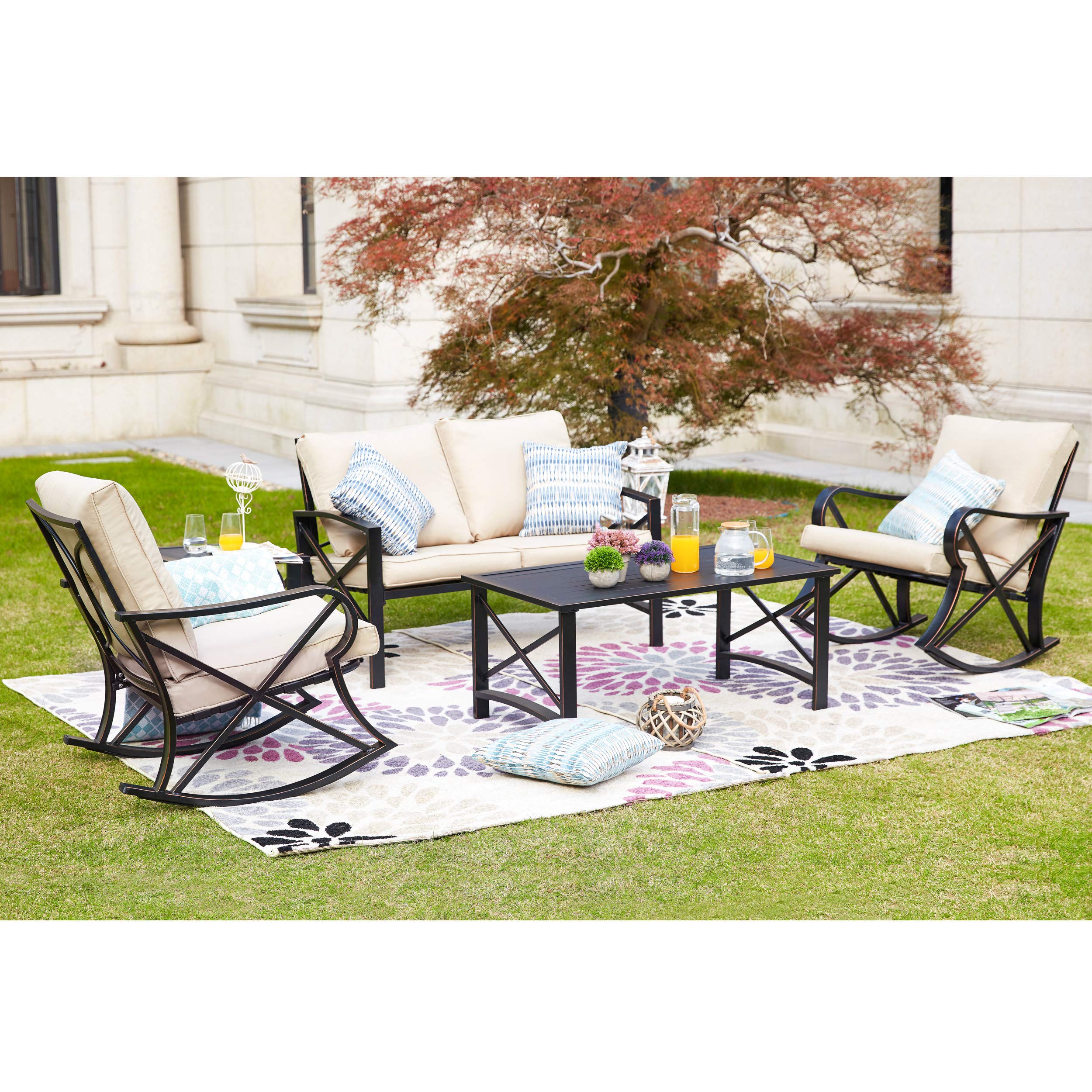 LOKATSE HOME 5-Piece Patio Furniture Set - Outdoor Bistro Conversation Set with Loveseat and 2 Coffee Tables, Khaki - Perfect for Garden, Backyard, Deck, and Poolside Relaxation