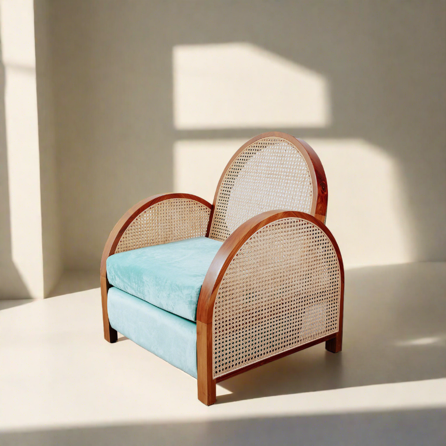 Arc Cane Lounge Chair Rental - Modern Wicker Patio Furniture for Outdoor Relaxation | Weekly Rental for Poolside, Garden, or Beach Use