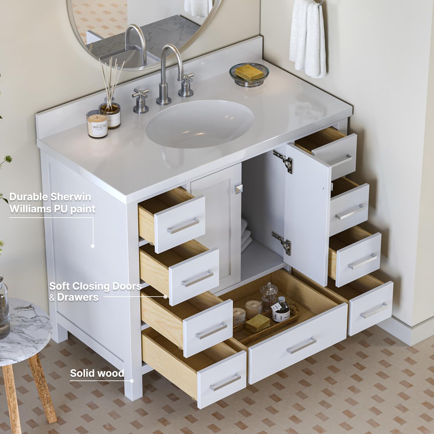 ARIEL Cambridge 43 Inch White Bathroom Vanity with Sink - Solid Wood Cabinet, Quartz Countertop & Oval Undermount Sink - 2 Soft-Closing Doors & 9 Drawers - Perfect for Modern Bathrooms, Master Bath Suites & Powder Rooms
