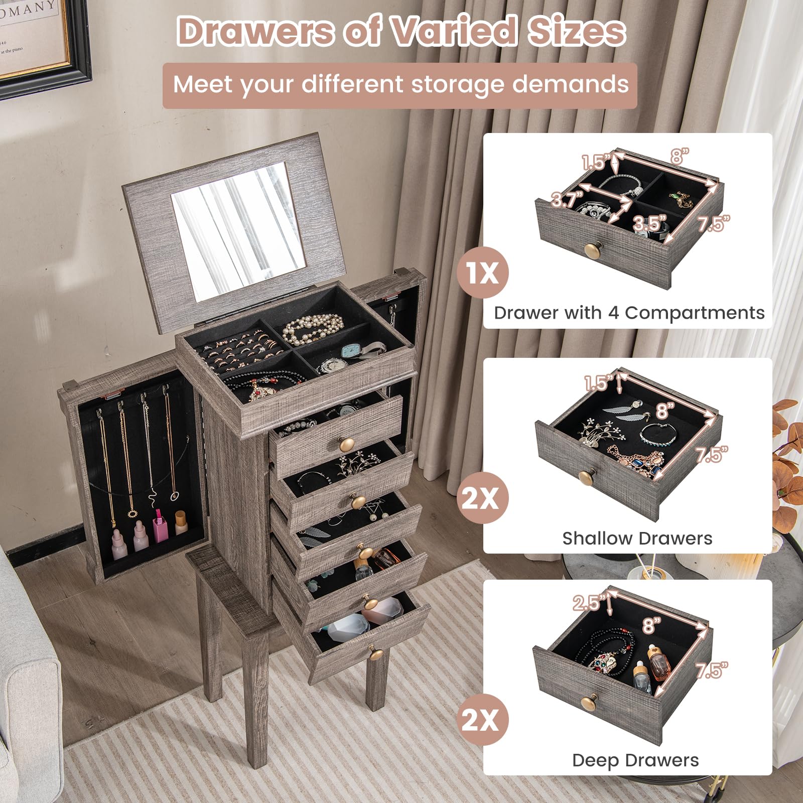 Giantex Wooden Jewelry Storage Cabinet with 5 Drawers & 8 Necklace Hooks - Standing Jewelry Armoire with Flip Mirror, 4 Compartments & 2 Side Doors - Antique Washed Gray Finish - Perfect for Bedroom, Closet & Dressing Room Organization