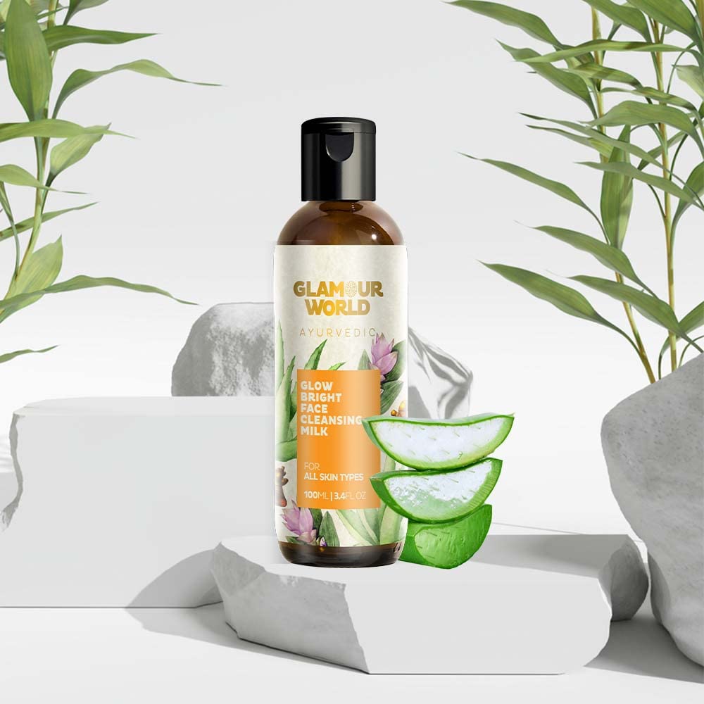 Glamour World Ayurvedic Glow Bright Face Cleansing Milk - Gentle Hydrating Face & Body Cleanser with Turmeric, Almond Oil, Honey & Lemon Oil | Makeup Remover | Perfect for Daily Skincare & Post-Makeup Cleansing