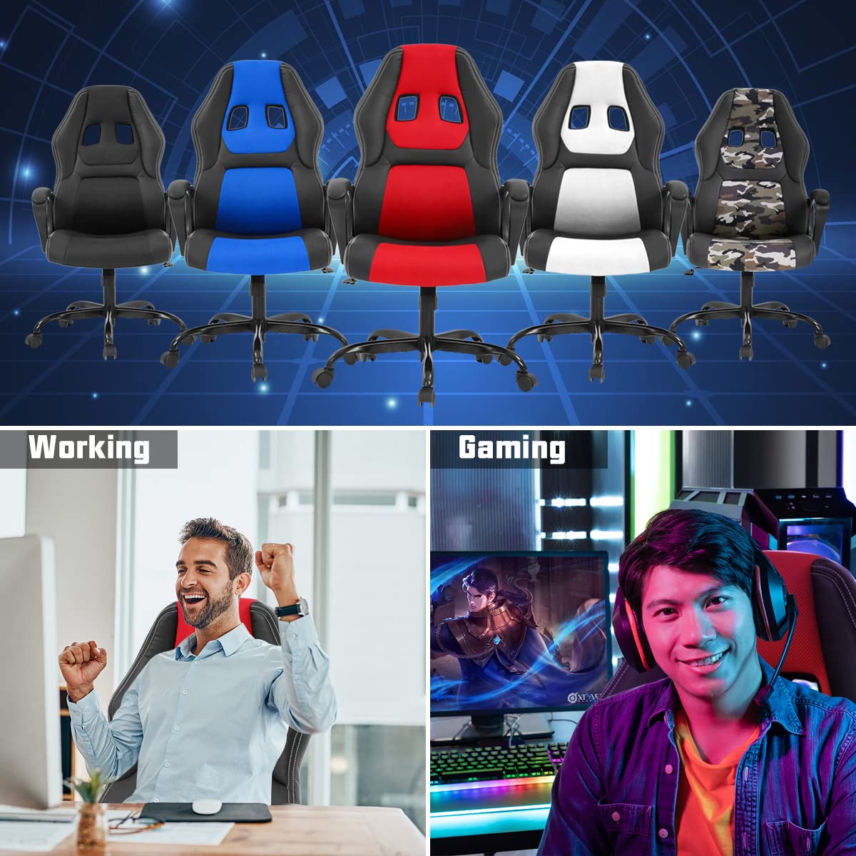 Ergonomic Gaming Chair for Adults & Teens - High Back PU Leather PC Computer Office Chair with Lumbar Support, Adjustable Height & 360° Swivel - Perfect for Gaming, Work & Study (Red)