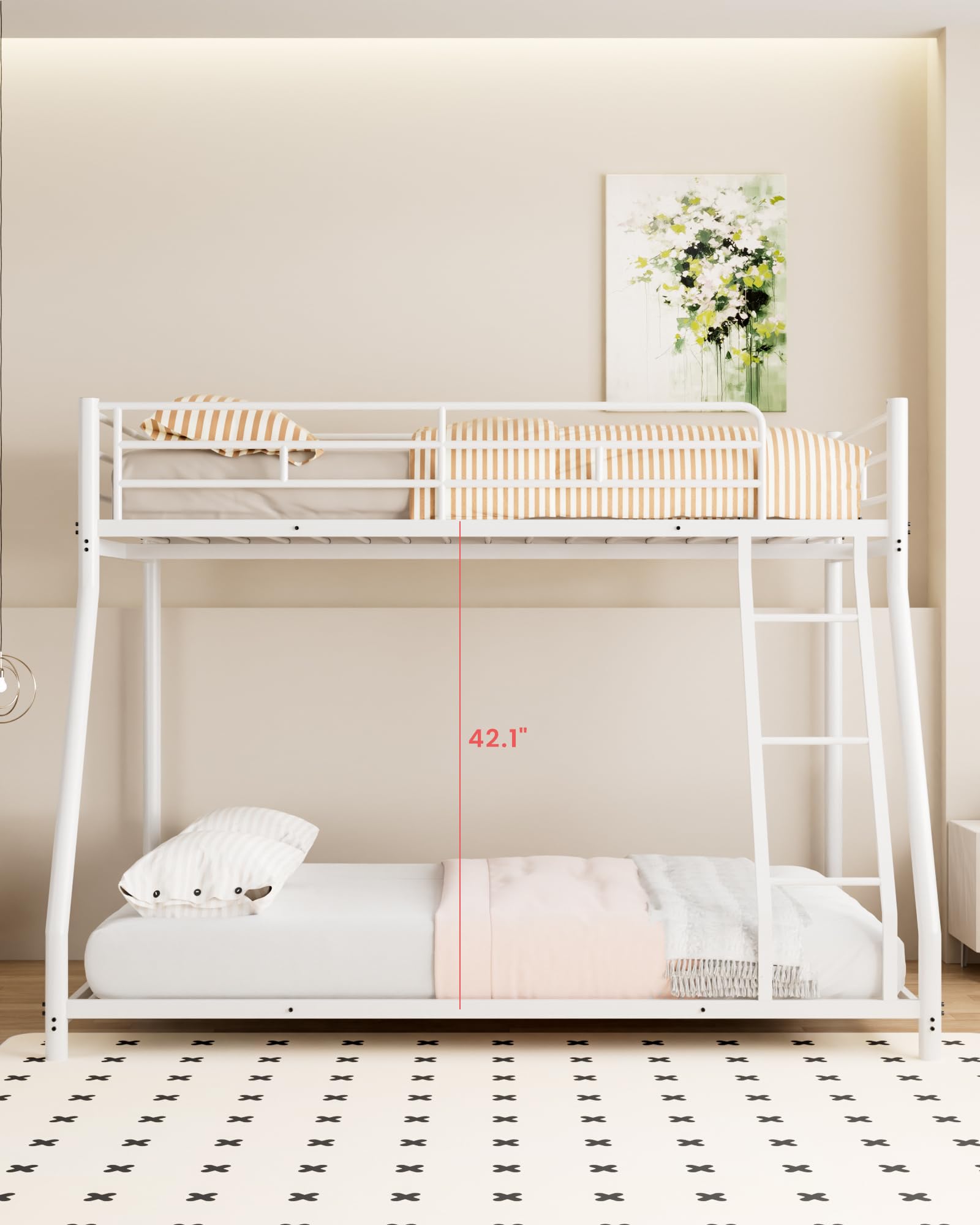 Twin Over Full Metal Bunk Bed - Heavy Duty Full Size Bed Frame with Safety Guardrails & Ladder | Space Saving Bunk Bed for Kids, Teens & Adults | No Box Spring Needed | Perfect for Small Rooms, Dorms & Guest Rooms (White)