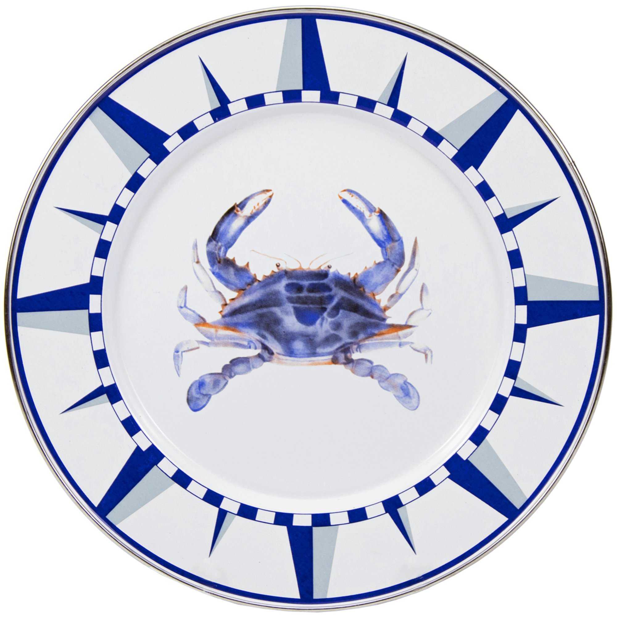 Golden Rabbit Enamelware Dinner Plates Set of 4 - 10.5 Inch Blue Crab Design Plates for Outdoor Picnics, Camping & Rustic Kitchen Decor