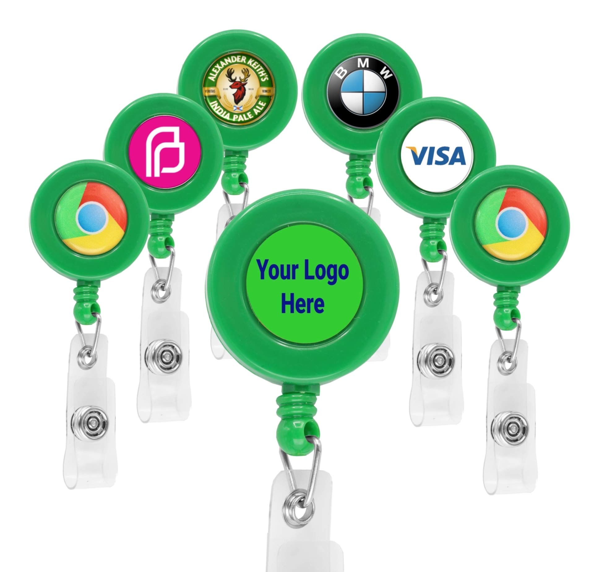 100 Pack Custom ID Badge Holders with Retractable Reel & Belt Clip - Personalized RN Key Card Name Tags - Print Your Logo & Text for Branding & Events - Durable Green Badge Holders for Nurses, Security, Conferences & Corporate Use