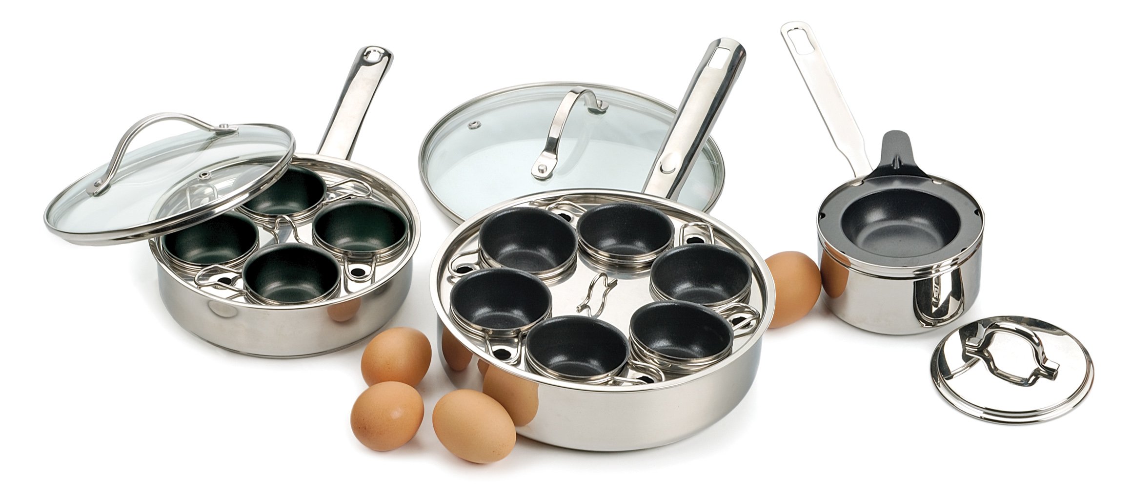 RSVP International Endurance® 4-Egg Poacher Set with Glass Lid & Steam Vent | Non-Stick Insert for Perfect Poached Eggs | Dishwasher Safe | Ideal for Breakfast, Brunch & Healthy Cooking