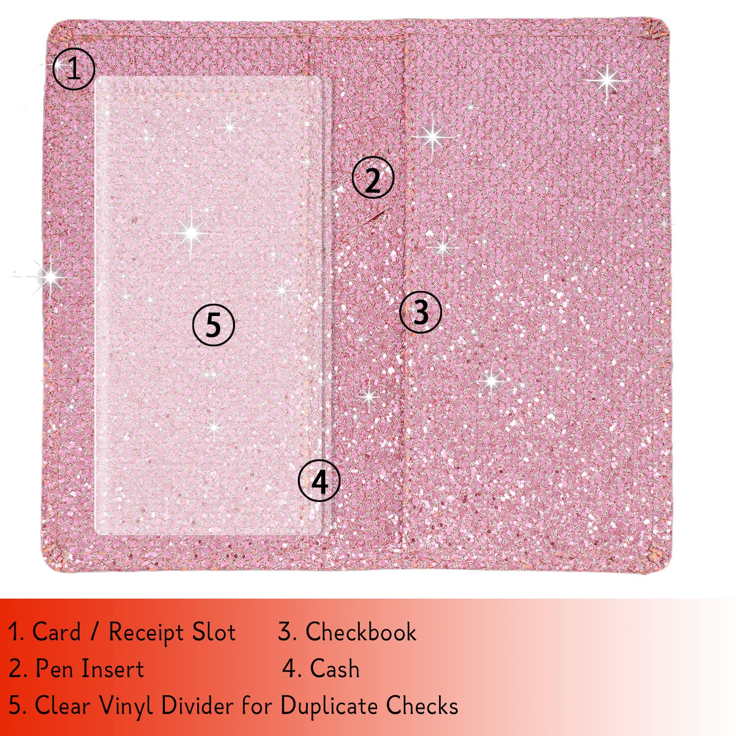 Sparkly Rhinestone Checkbook Cover for Women - Shiny Diamond Pattern RFID Blocking PU Leather Checkbook Holder with Pen Loop & Card Slots - Perfect for Organizing Personal Checks, Bills & Receipts (Pink)