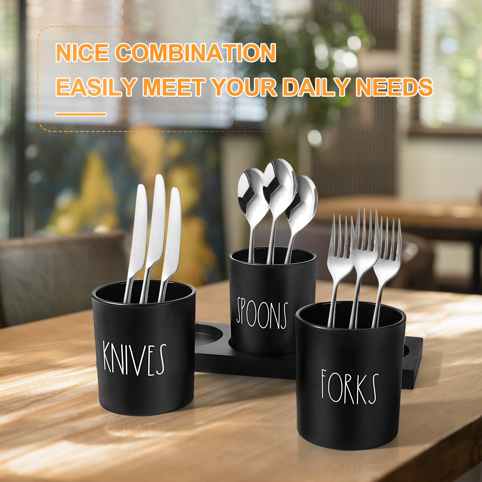 4-Piece Black Silverware Caddy with Wood Tray - Farmhouse Kitchen Utensil Holder for Countertop Organization - Perfect for Parties, Dining & Farmhouse Decor