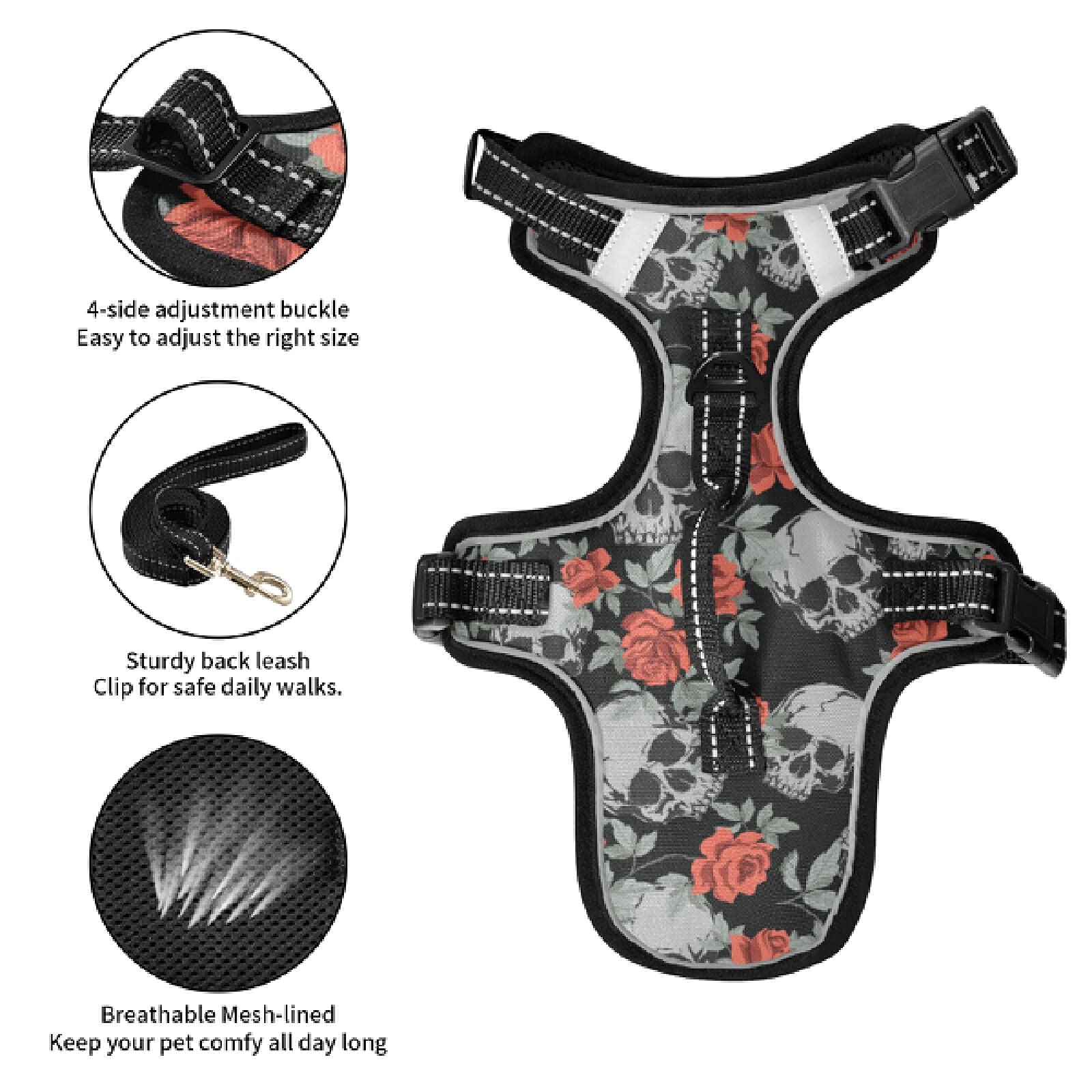 Xigua Skull Dog Harness - No Pull Reflective Pet Vest for Small & Medium Dogs with Nylon Handle - Breathable & Durable for Walking, Running & Outdoor Adventures