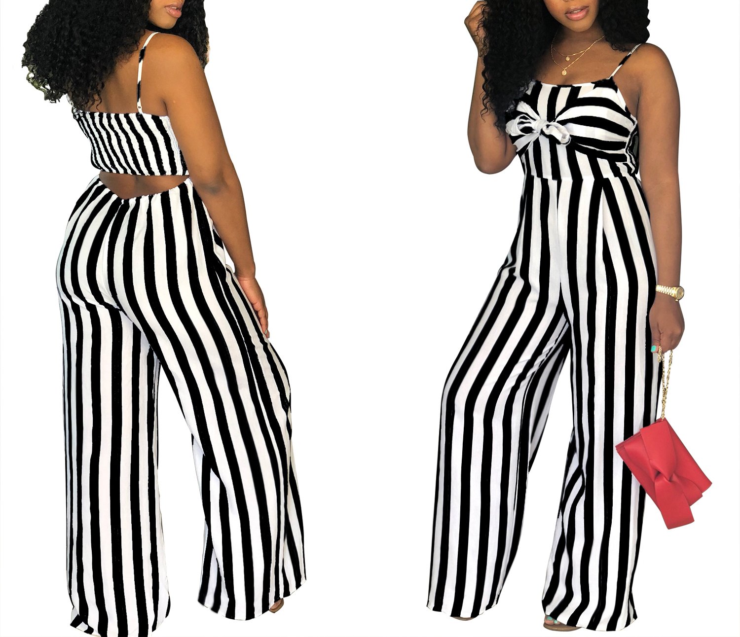 SheKiss Women's Casual Striped Jumpsuit - Spaghetti Strap Long Pants Romper - Loose Fit Black Outfit for Summer Beach, Party & Vacation Wear