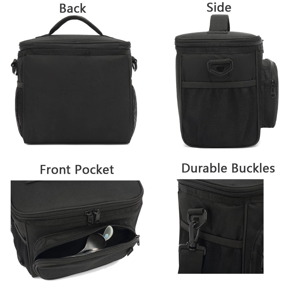 FlowFly Insulated Reusable Lunch Bag for Adults - Large Lunch Box with Adjustable Shoulder Strap, Front Zipper Pocket & Dual Mesh Side Pockets - Perfect for Work, School, Picnics & Outdoor Activities (Black)
