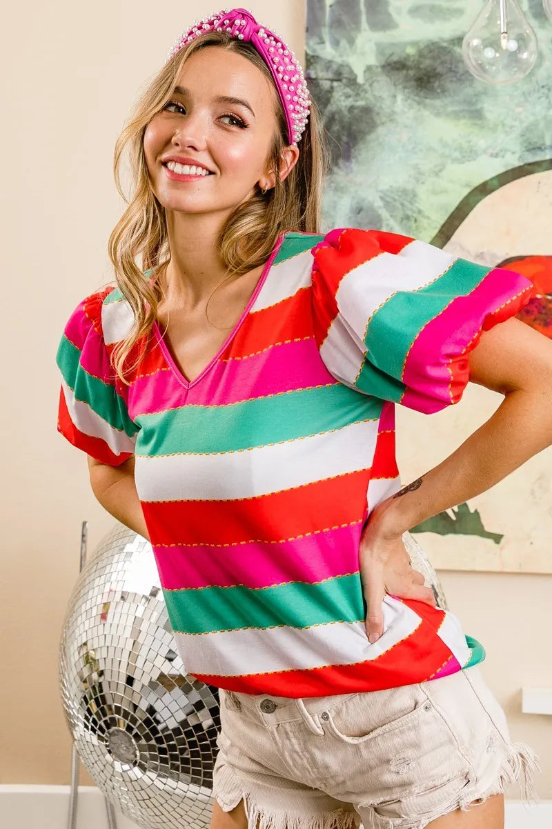 BiBi Women's Multi Stripe Color Print Puff Sleeve V-Neck Blouse - Trendy Casual Top for Spring/Summer Outfits, Date Nights & Office Wear