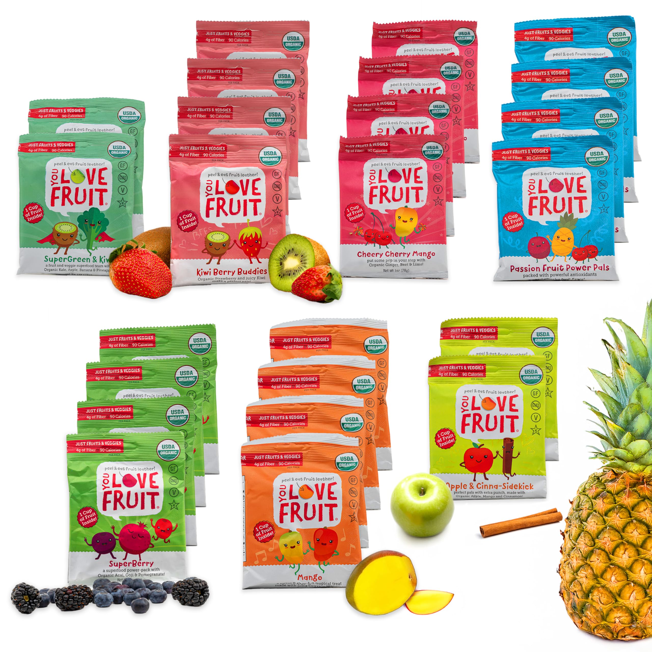 YOU LOVE FRUIT - 24 Pack Natural Fruit Snacks Gift Box | 100% Gluten-Free, Vegan, High Fiber, Low Fat Healthy Snacks for Kids, Students & Offices | Apple Cinnamon, Mango, Berry & More Flavors | Perfect for Lunchboxes, School Snacks & Office Breaks
