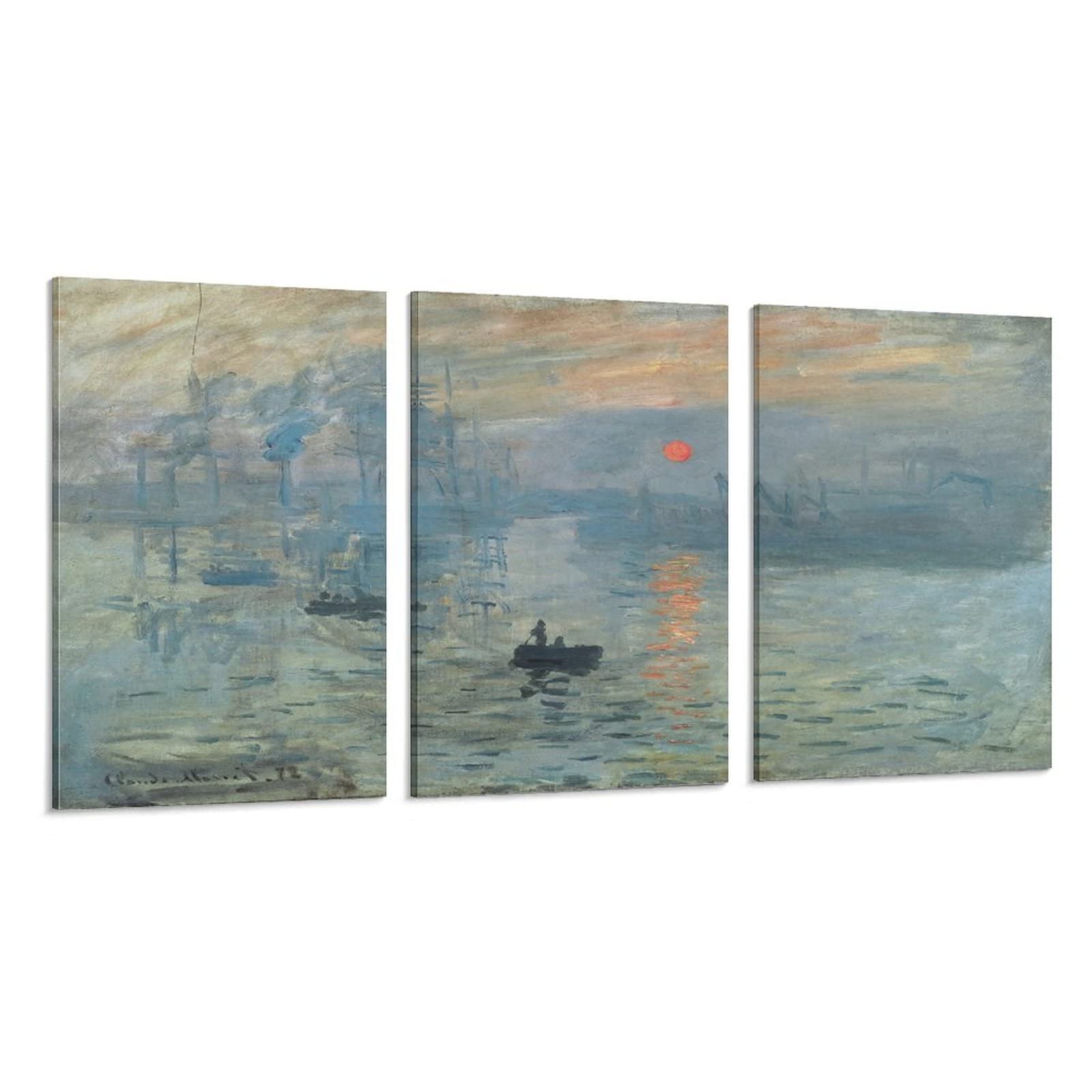 Claude Monet Impression Sunrise 1872 Reproduction - Vintage Three Panel Canvas Wall Art | Famous Impressionist Oil Painting Print for Home, Office & Room Decor | Perfect for Living Room Aesthetic & 90s Retro Style Interior Design