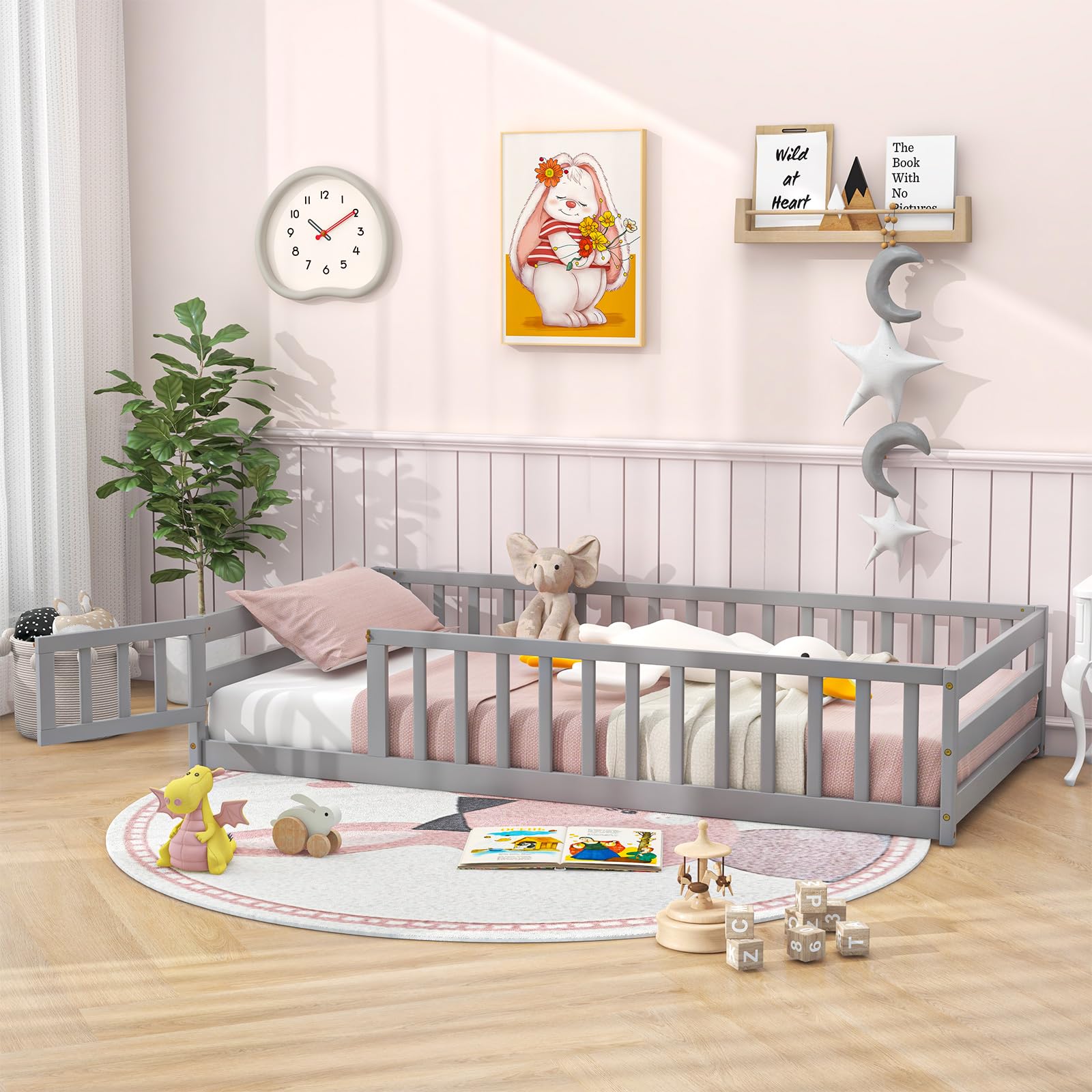 Giantex Twin Floor Bed with Door & Safety Fence - Wooden Montessori Bed for Kids, Boys & Girls - No Box Spring Needed - Sturdy Frame with Guardrails - Grey - Perfect for Montessori Rooms, Daycare & Kids' Bedrooms