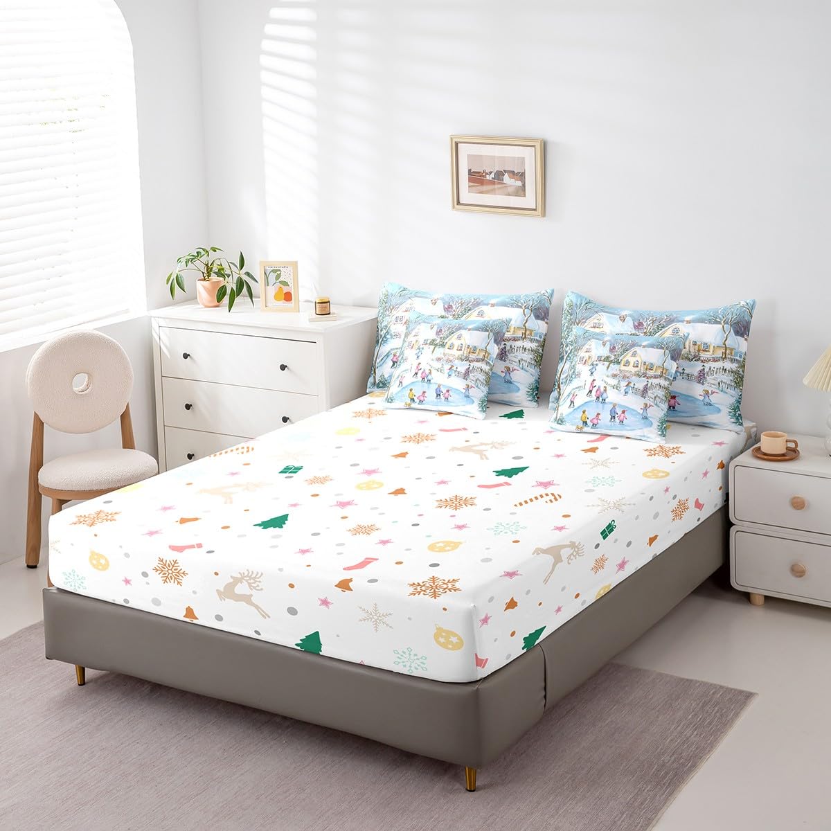 Erosebridal 7-Piece Winter Ski Queen Bedding Set - Snow Skiing Themed Comforter Set with Sheets for Kids, Girls & Boys - Christmas Home Decor Rustic Country Bed Set with Fitted Sheet, Flat Sheet & Pillowcases - Cozy Ski Lodge Bedroom Decor for Winter Holidays & Snowy Getaways