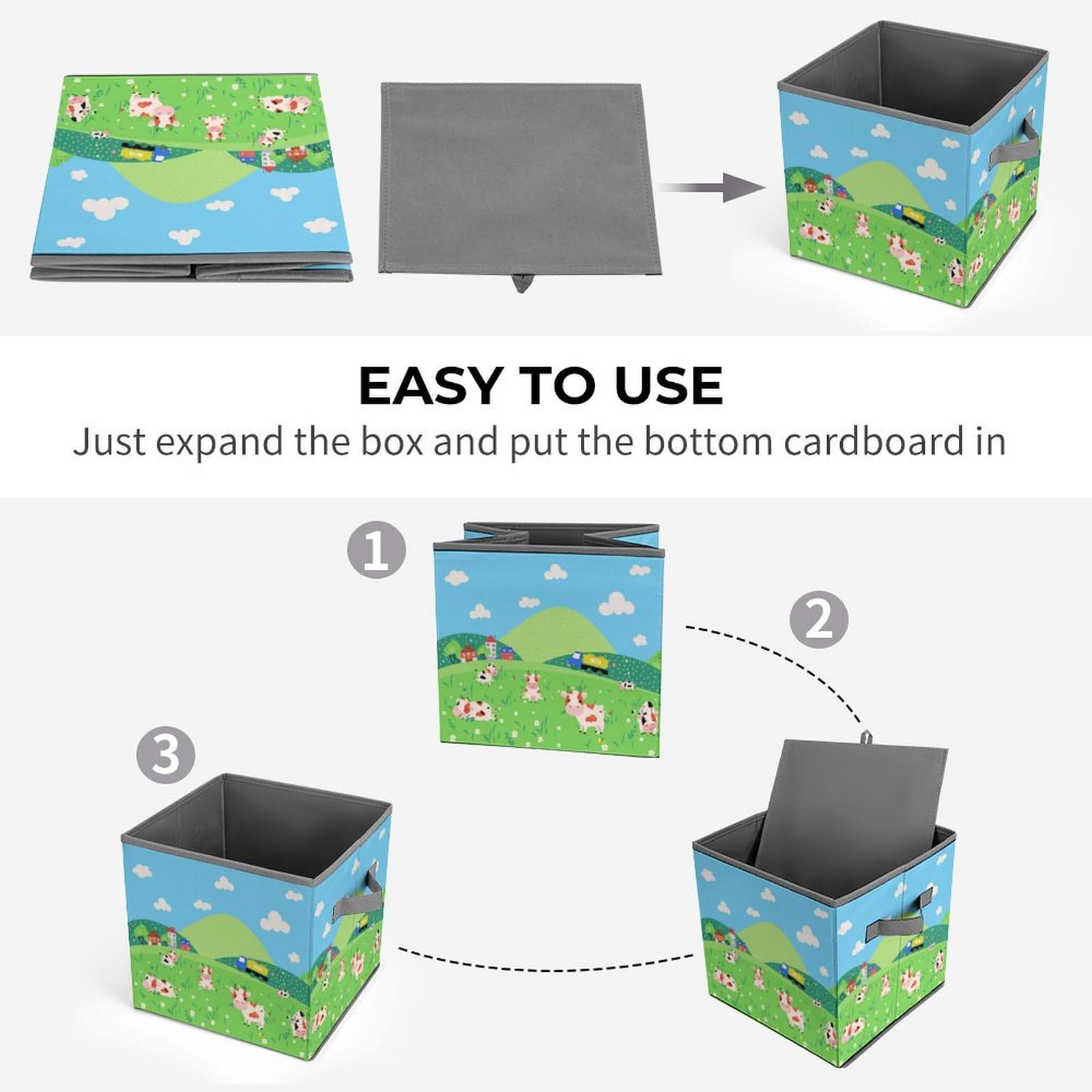 Cute Cartoon Cow Foldable Storage Bins 6-Pack - Collapsible Fabric Cube Baskets with Handles (10.6 Inch) for Nursery, Closet, Shelves & Book Organization | Perfect for Kids' Room, Playroom & Home Storage