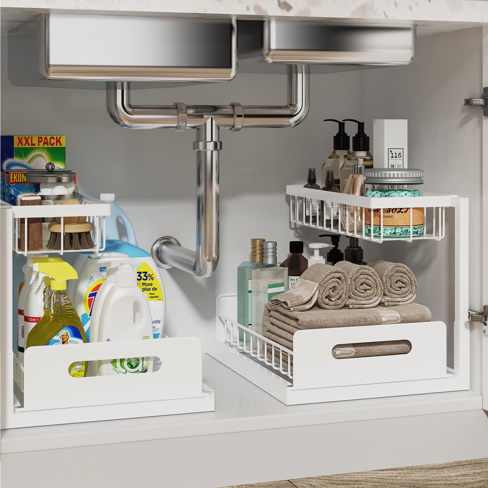 REALINN 2-Tier Under Sink Pull Out Organizer - White Kitchen & Bathroom Cabinet Storage Shelf (2-Pack) | Perfect for Maximizing Space Under Sink, Pantry, or Vanity Storage