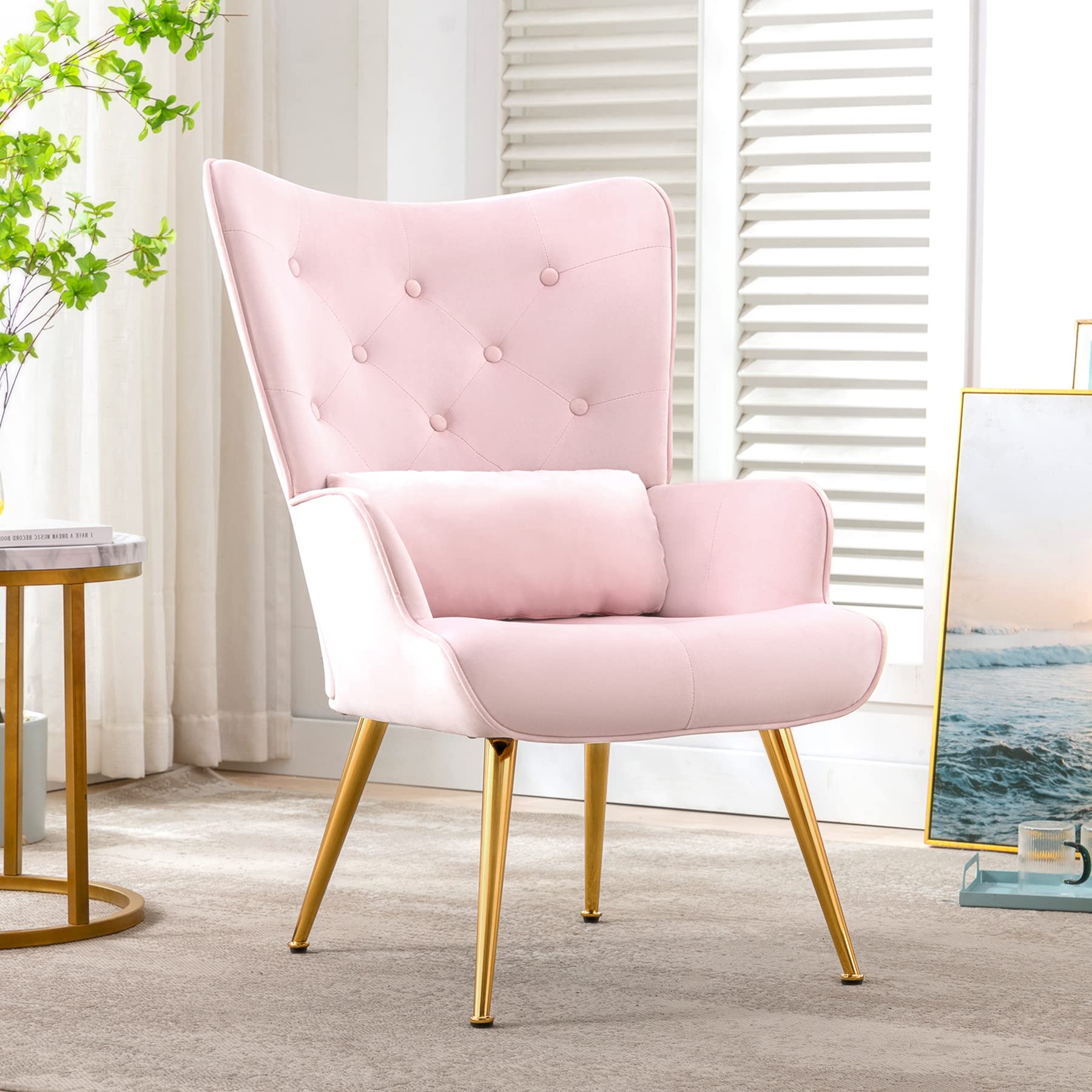 Luxury Velvet Accent Wingback Armchair with Golden Metal Legs & Pillow - Upholstered Lounge Chair for Living Room, Bedroom, Reception - Elegant Pink Button Tufted Vanity Chair for Relaxing & Home Decor