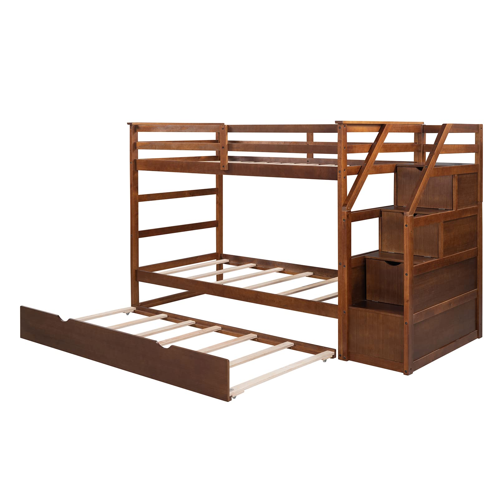 Premium Twin Over Twin Bunk Bed Frame with Trundle & Storage Stairs - Solid Wood Construction, Slat Support & Safety Guard Rail - No Box Spring Needed - Easy Assembly - Walnut Finish - Perfect for Kids' Bedrooms, Guest Rooms & Space-Saving Solutions
