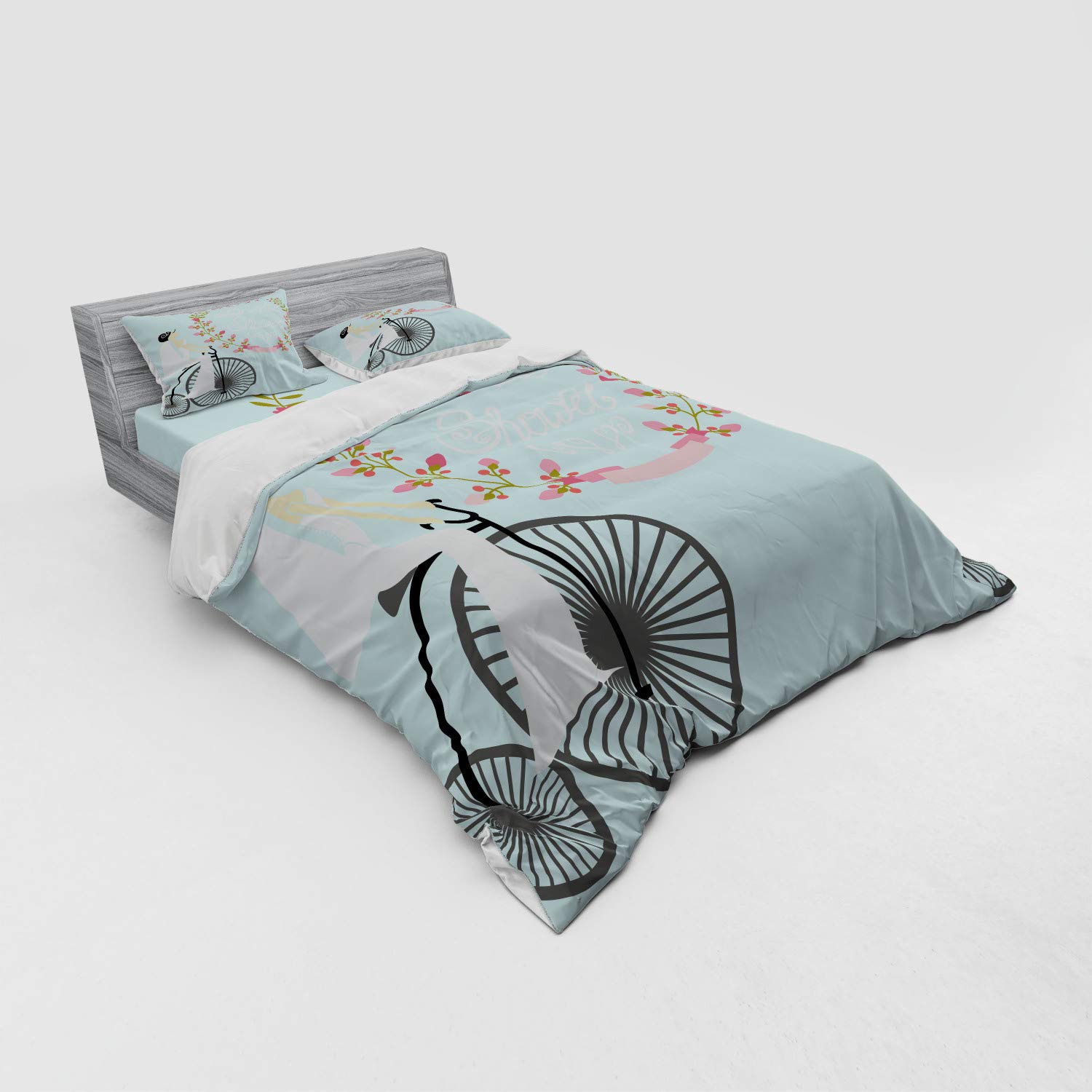 Ambesonne 3-Piece Queen Size Duvet Cover Set - Bride Wedding Dress & Bicycle Floral Design, Includes Sham & Fitted Sheet, Charcoal Grey & Pale Blue - Perfect for Bridal Showers, Guest Rooms & Romantic Bedroom Decor