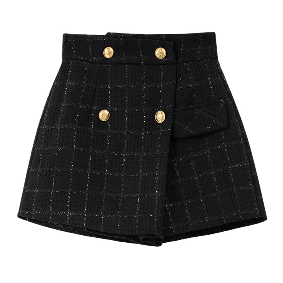 Vintage Korean Check Wool Shorts - High Waist Double Breasted A-Line Skirt for Women | Retro Fashion, Irregular Hem | Perfect for Office Wear, Date Nights & Fall Outfits
